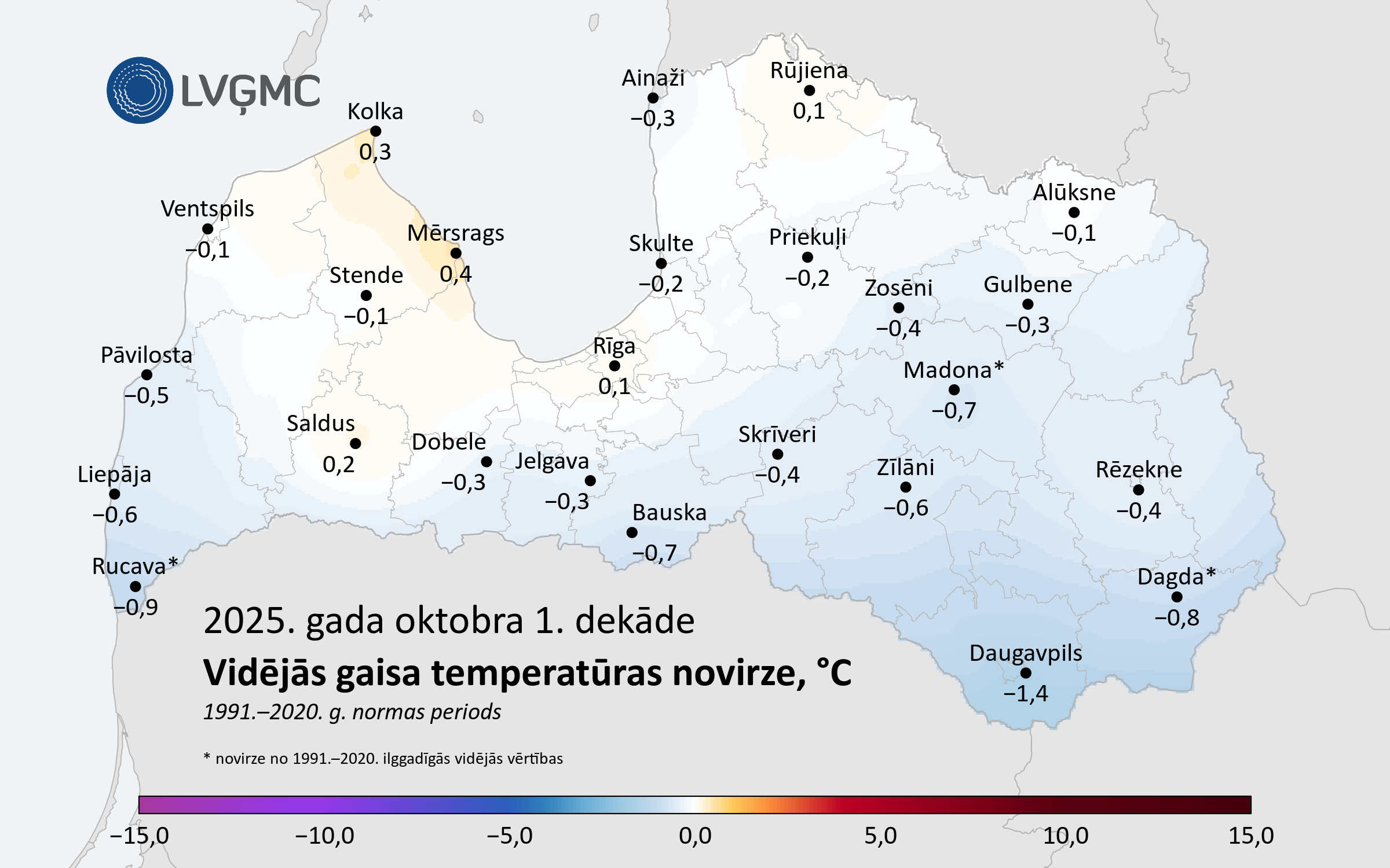 Vidējās gaisa temperatūras novirze no normas 2025. gada oktobra 1. dekādē, °C 