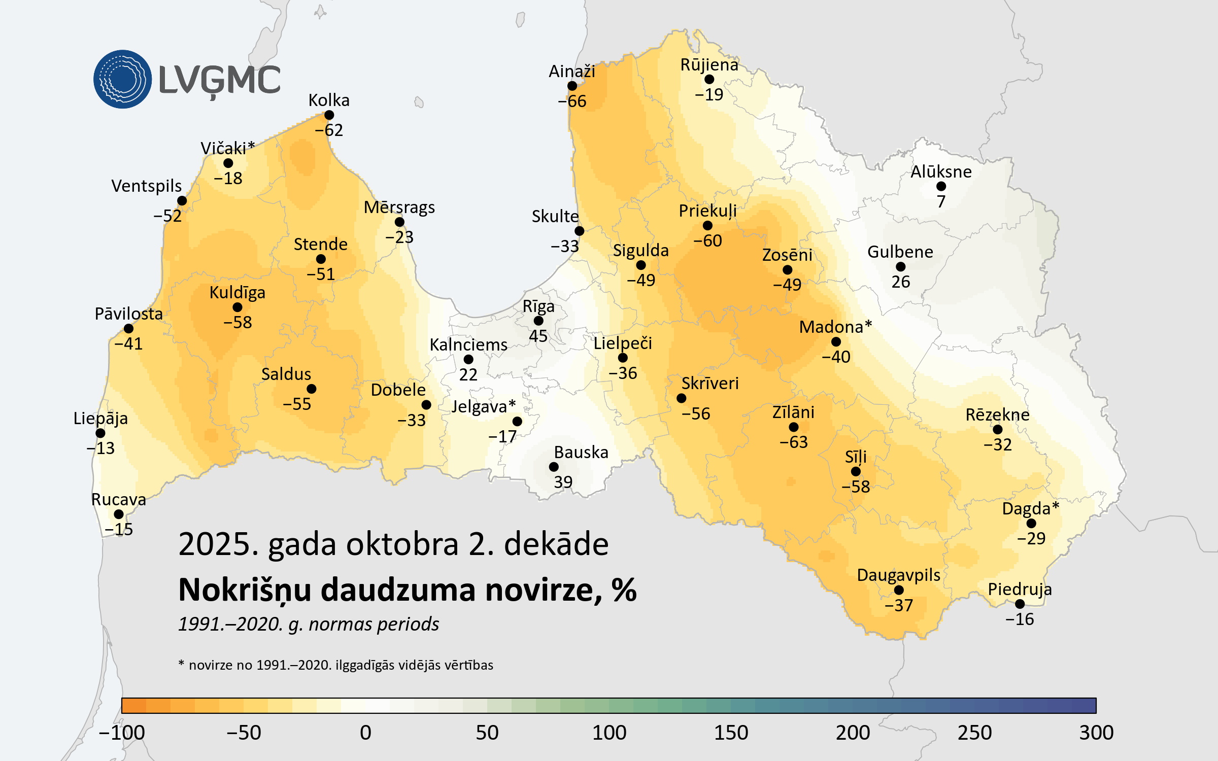 Nokrišņu daudzuma novirze no normas 2025. gada oktobra 2. dekādē, %
