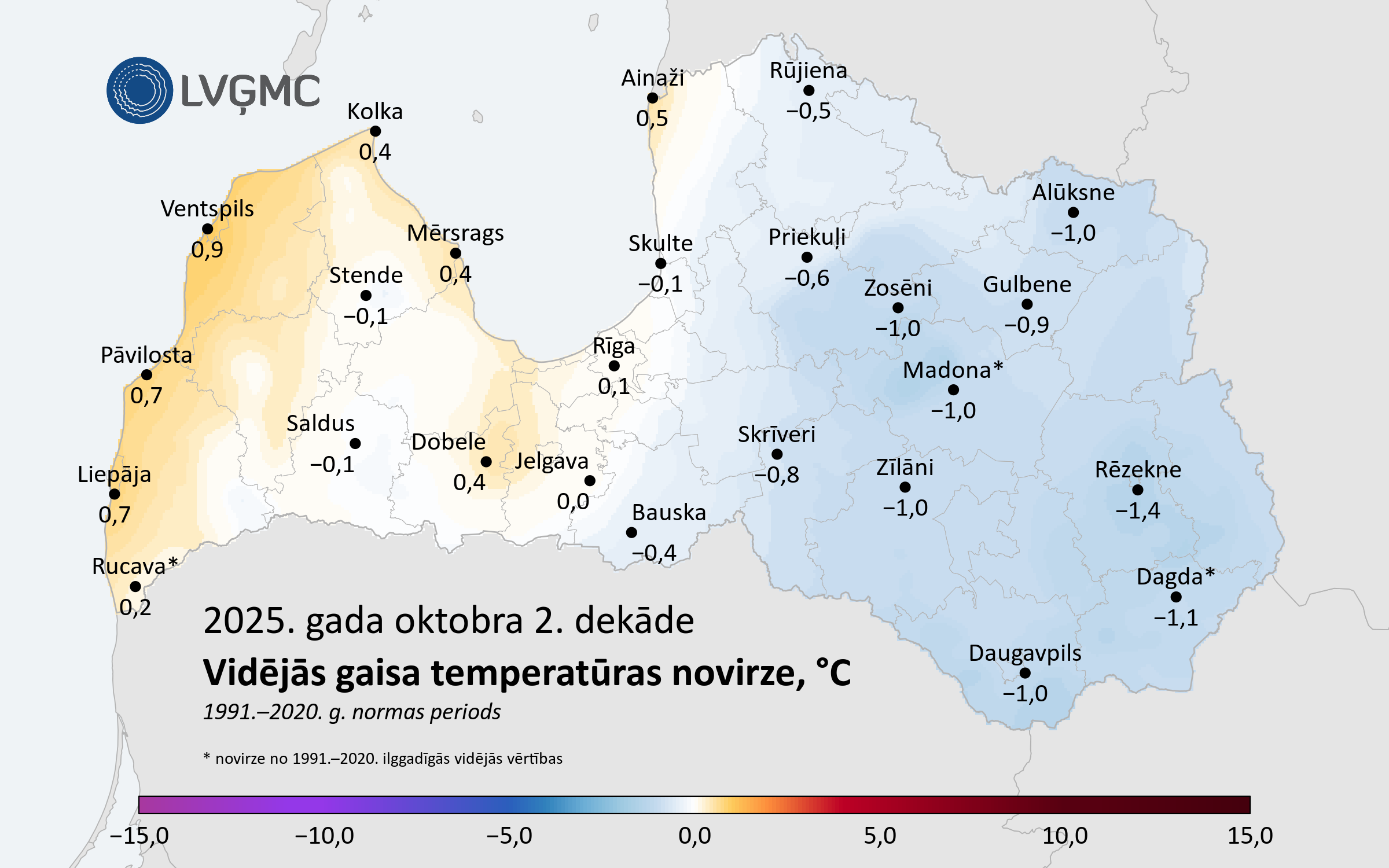 Vidējās gaisa temperatūras novirze no normas 2025. gada oktobra 2. dekādē, °C 