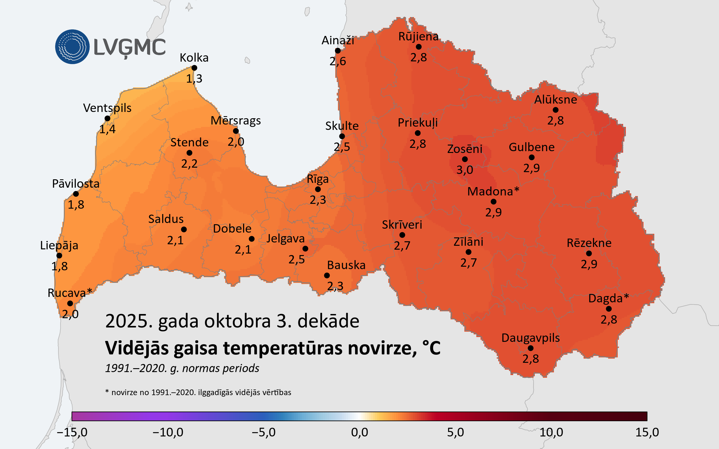 Vidējās gaisa temperatūras novirze no normas 2025. gada oktobra 3. dekādē, °C 