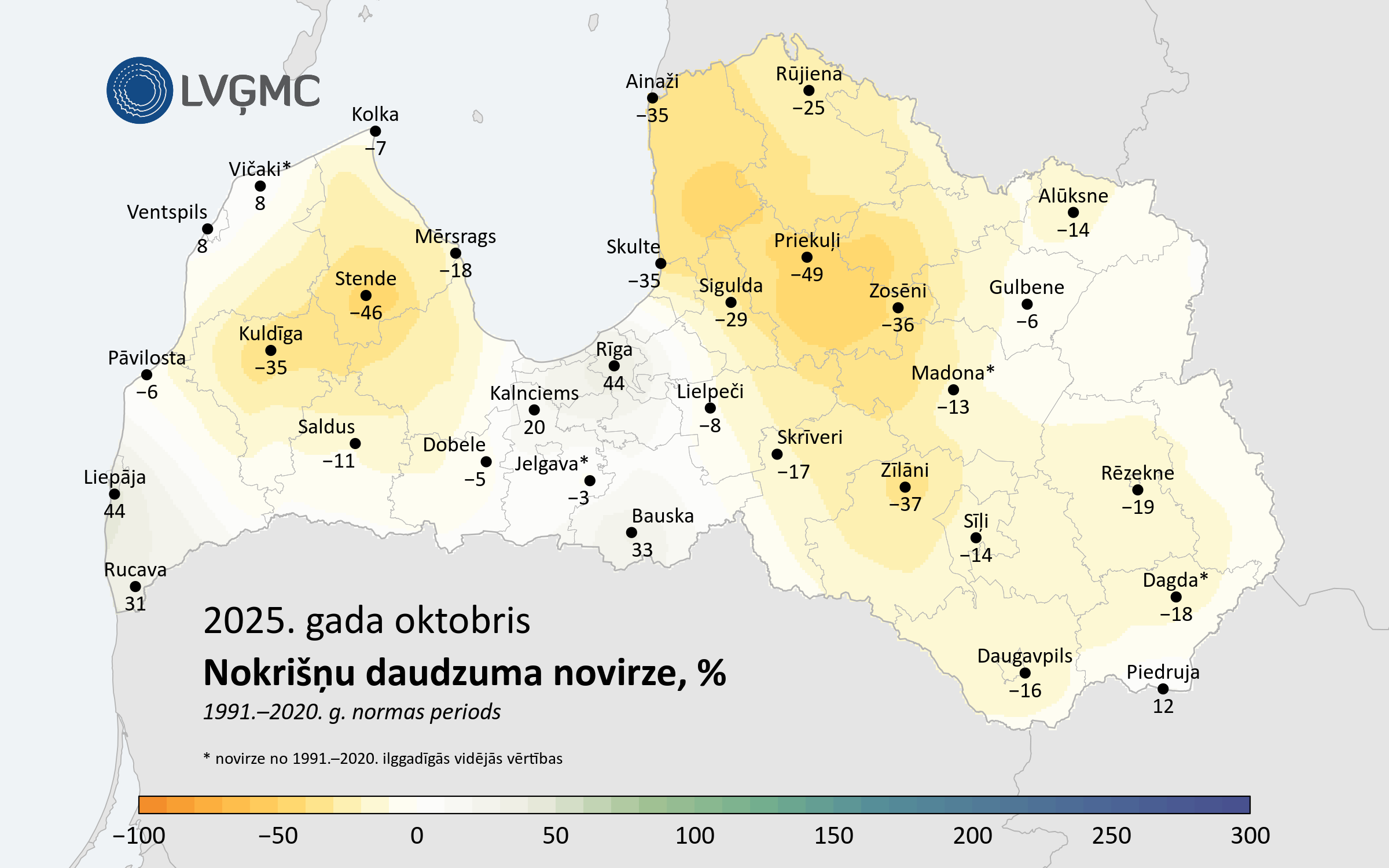 Nokrišņu daudzuma novirze no normas 2025. gada oktobrī, %