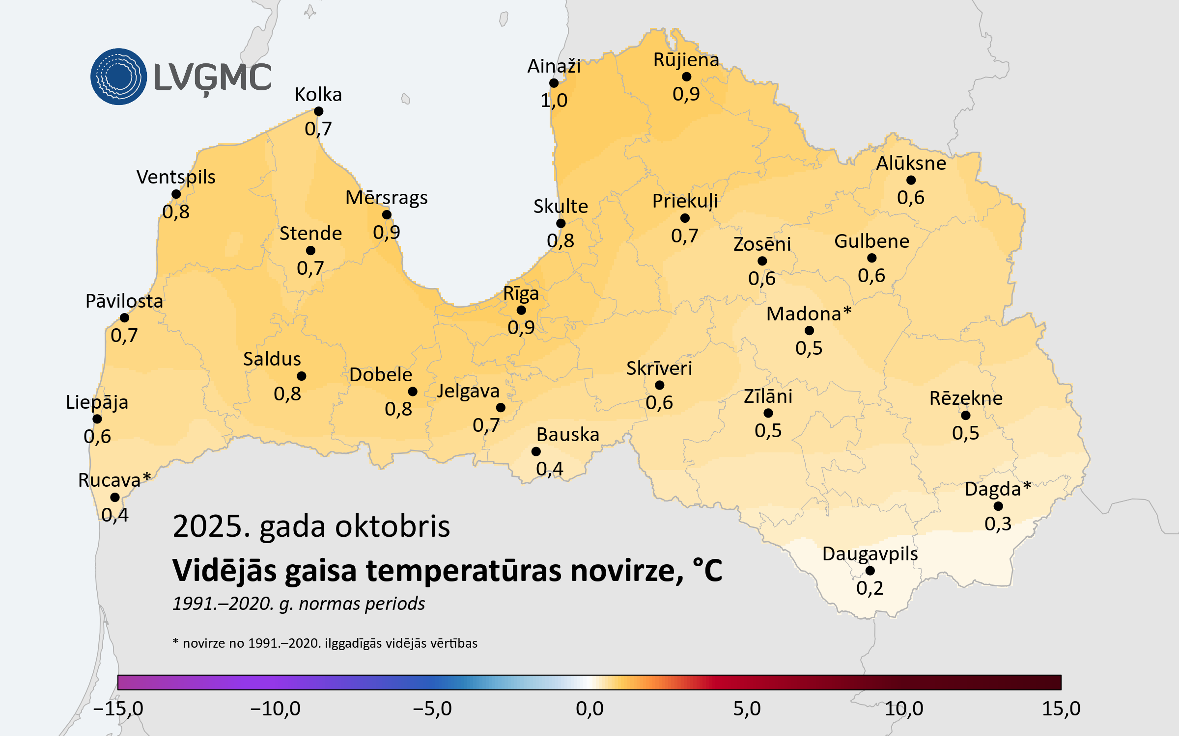 Vidējās gaisa temperatūras novirze no normas 2025. gada oktobrī, °C 