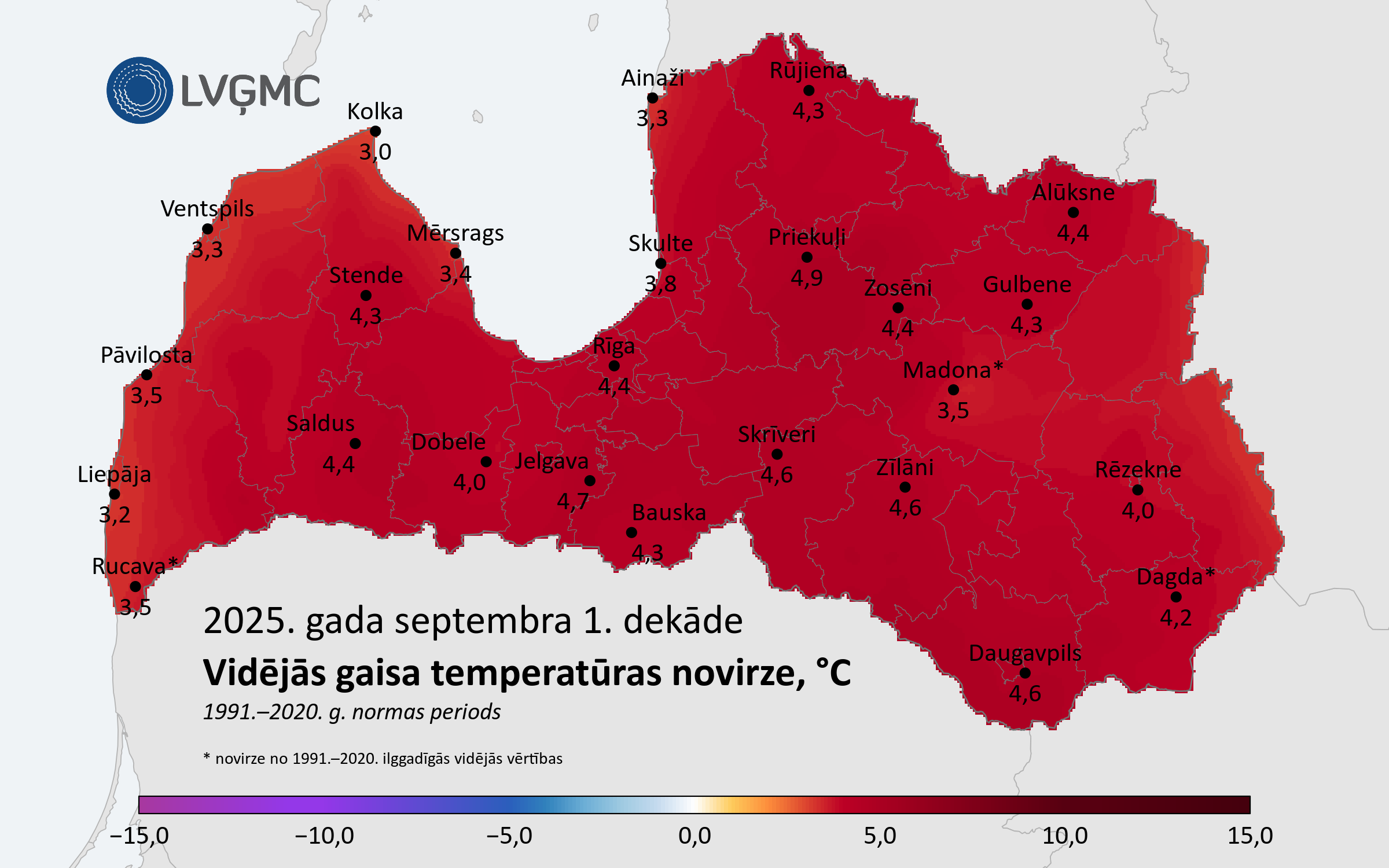 Vidējās gaisa temperatūras novirze no normas 2025. gada septembra 1. dekādē, °C 