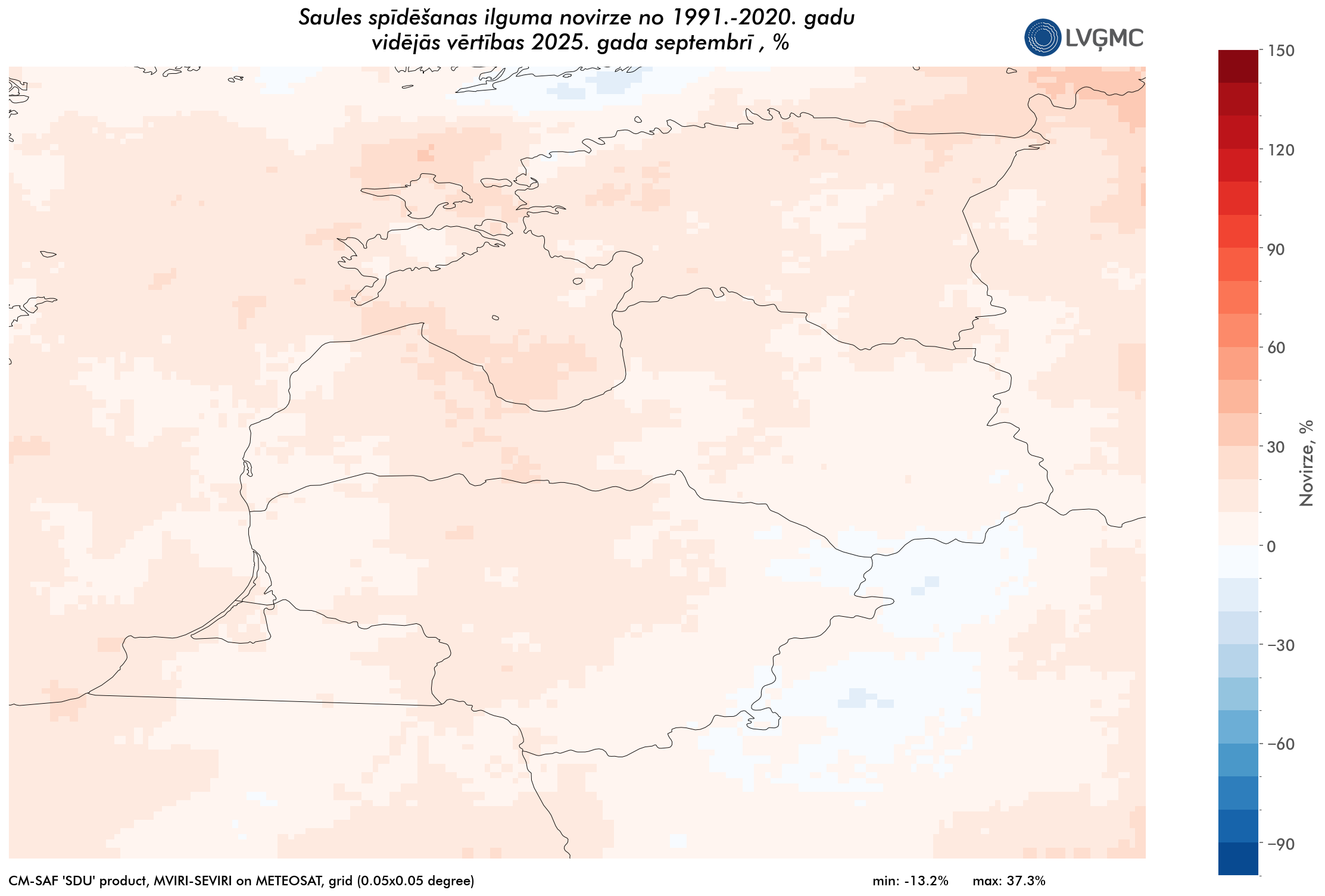 Saules spīdēšanas ilgums 2025. gada septembrī