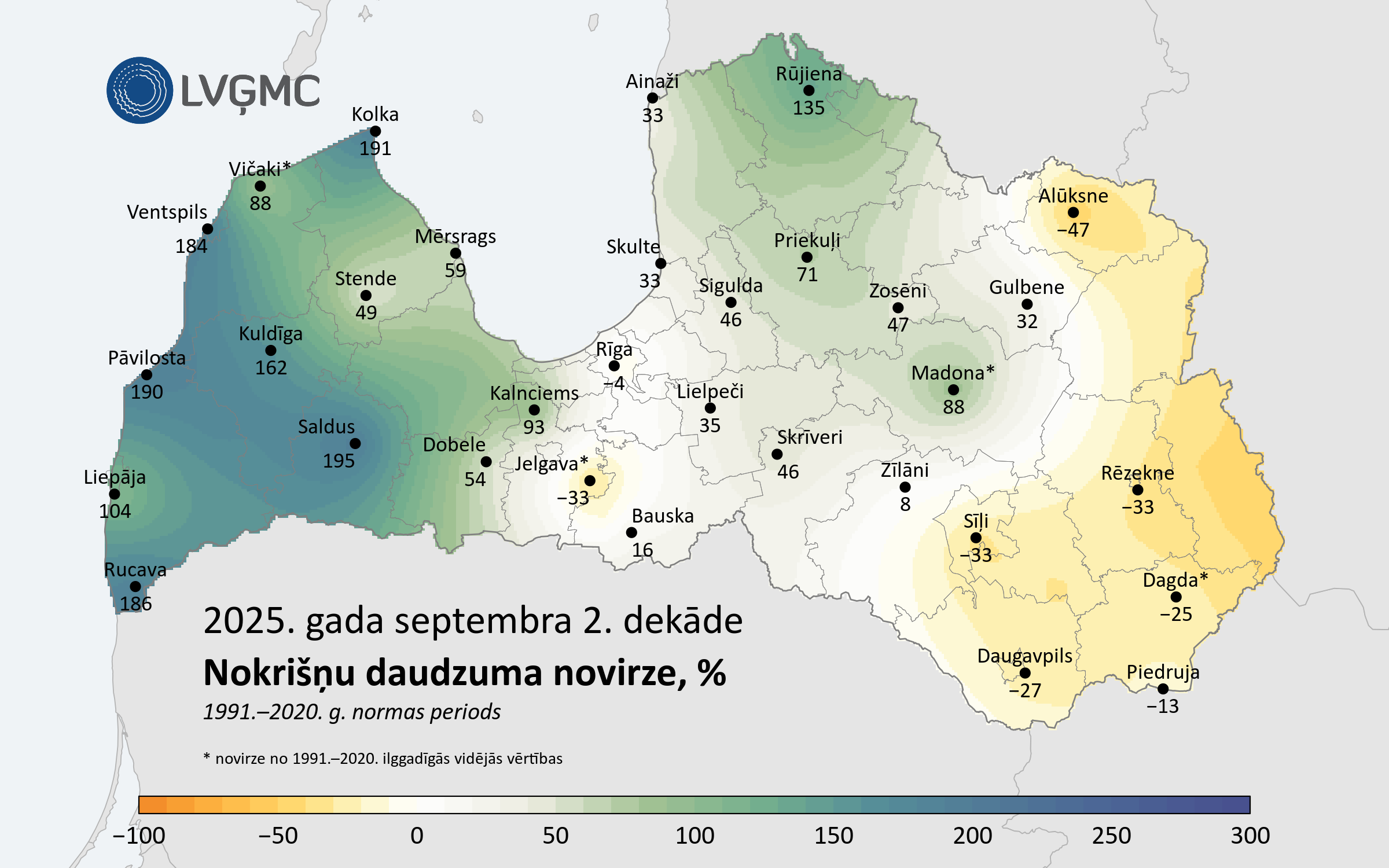 Nokrišņu daudzuma novirze no normas 2025. gada septembra 2. dekādē, %