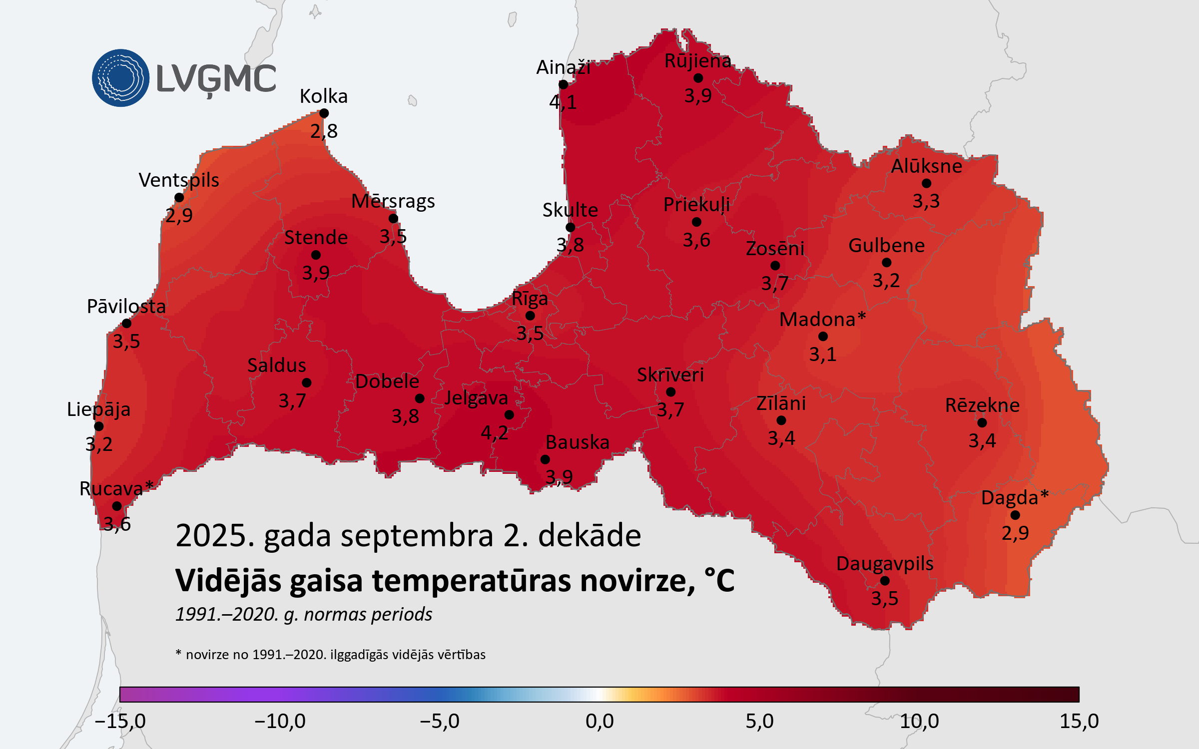 Vidējās gaisa temperatūras novirze no normas 2025. gada septembra 2. dekādē, °C