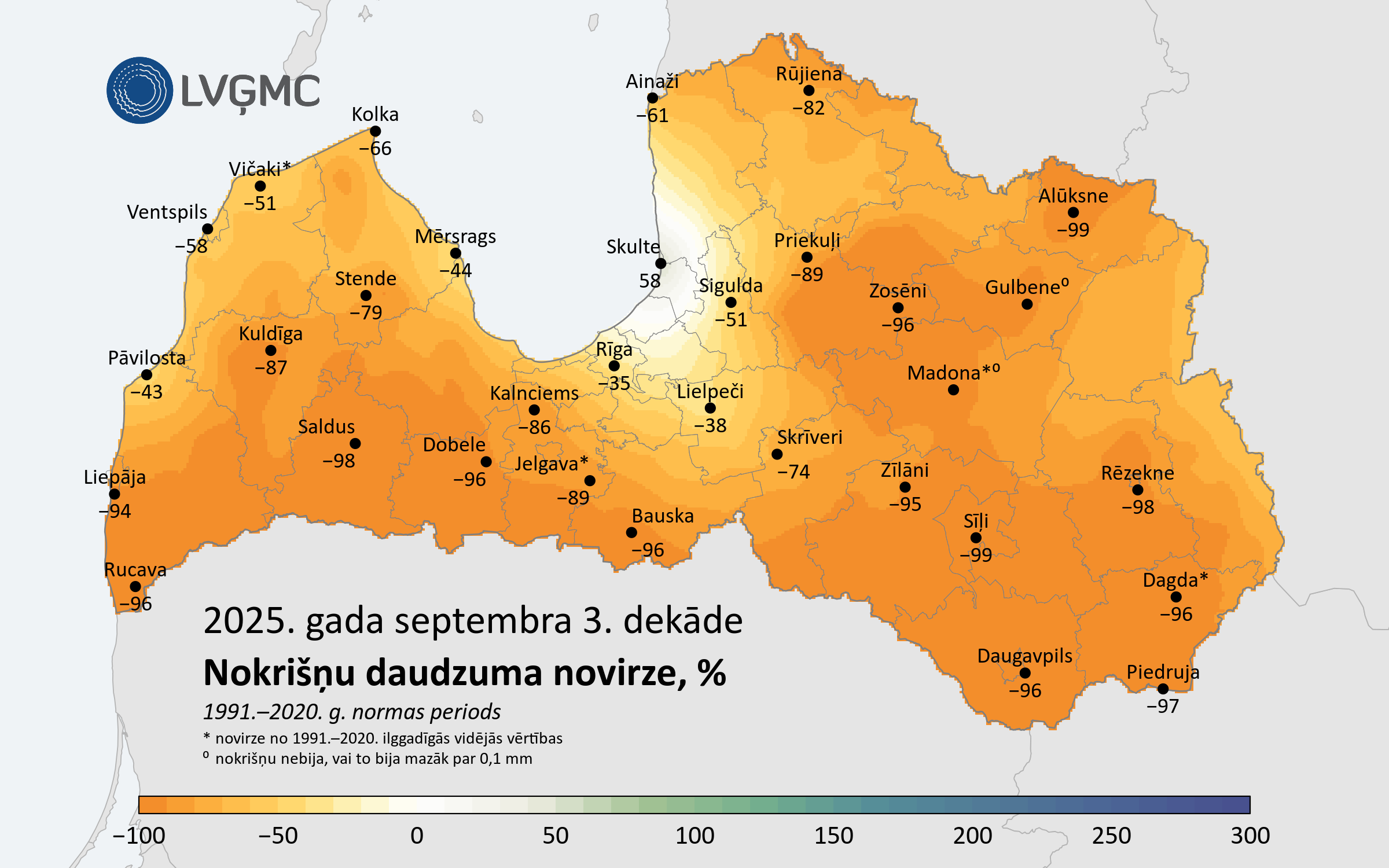 Nokrišņu daudzuma novirze no normas 2025. gada septembra 3. dekādē, %