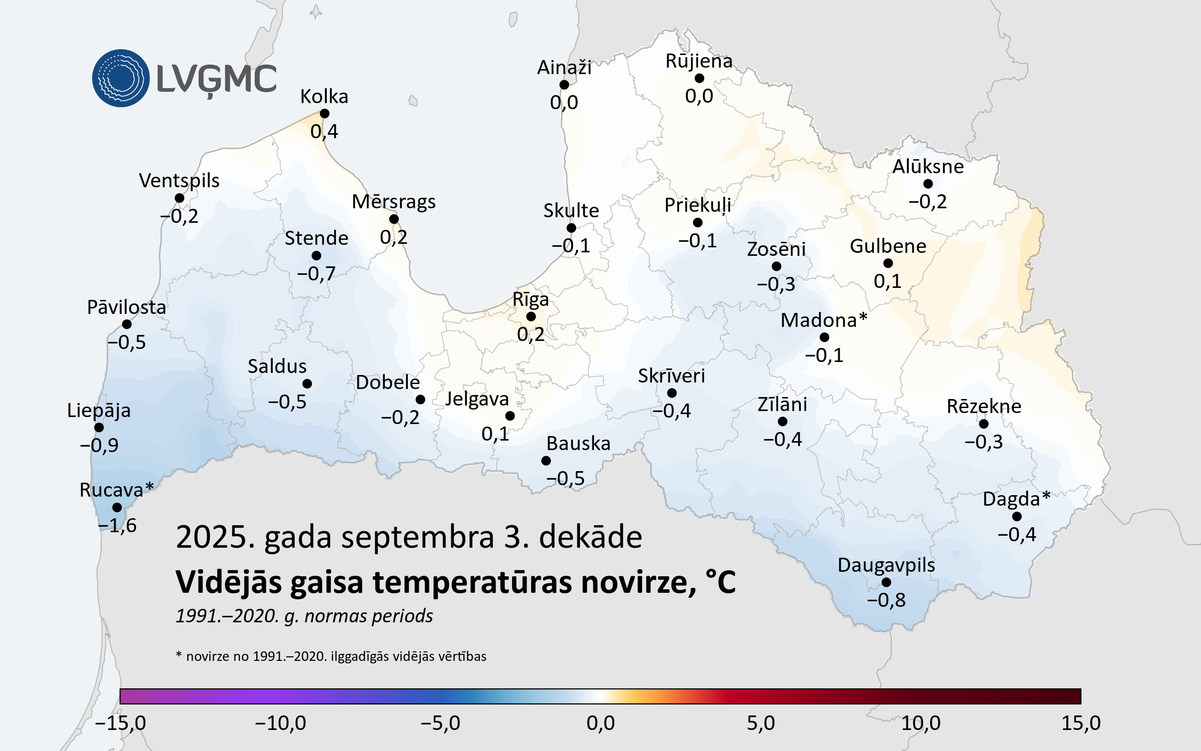 Vidējās gaisa temperatūras novirze no normas 2025. gada septembra 3. dekādē, °C