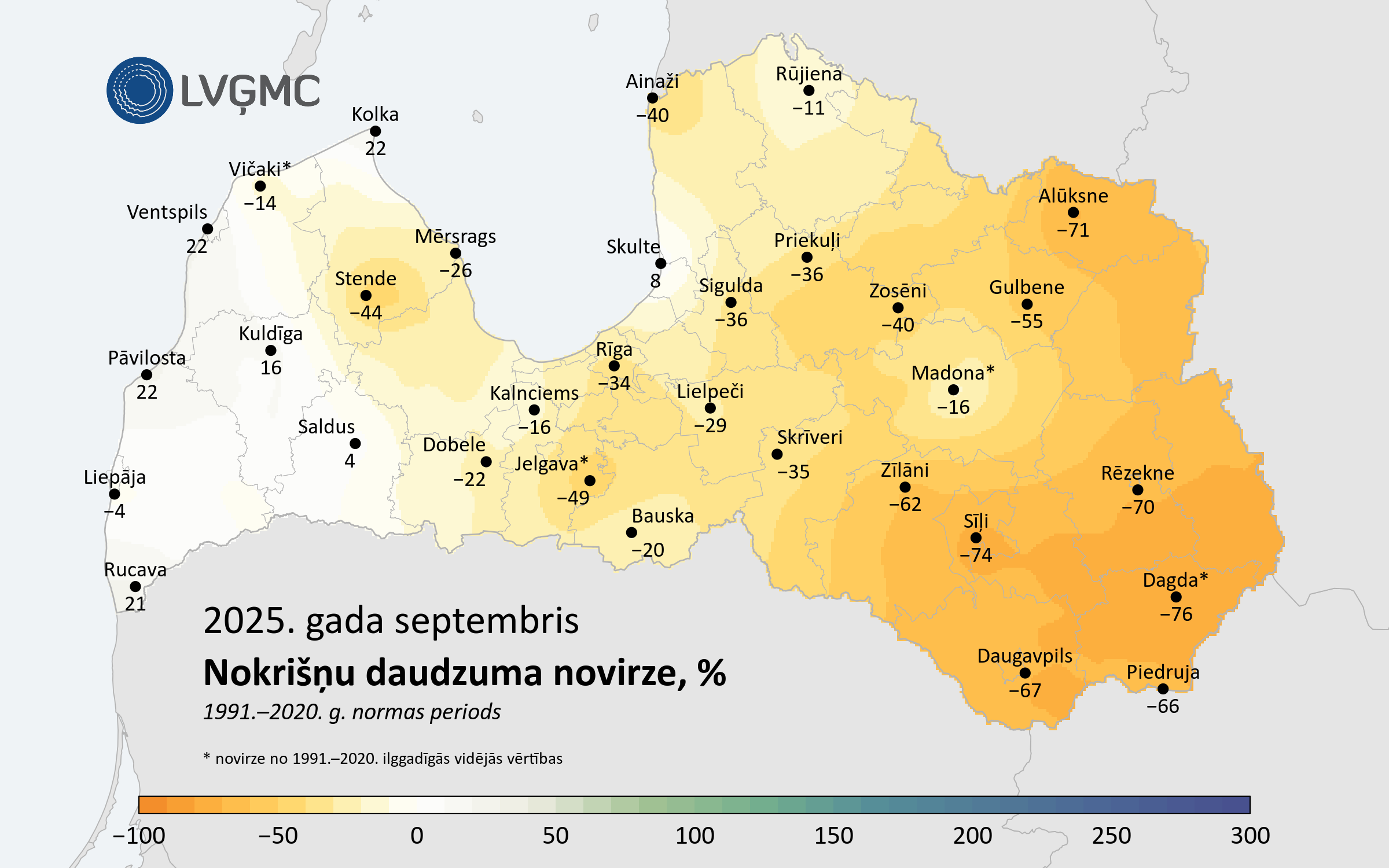 Nokrišņu daudzuma novirze no normas 2025. gada septembrī, %