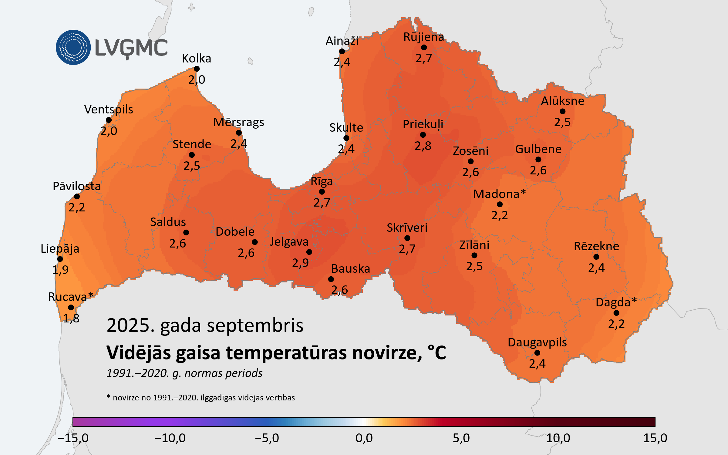 Vidējās gaisa temperatūras novirze no normas 2025. gada septembrī, °C