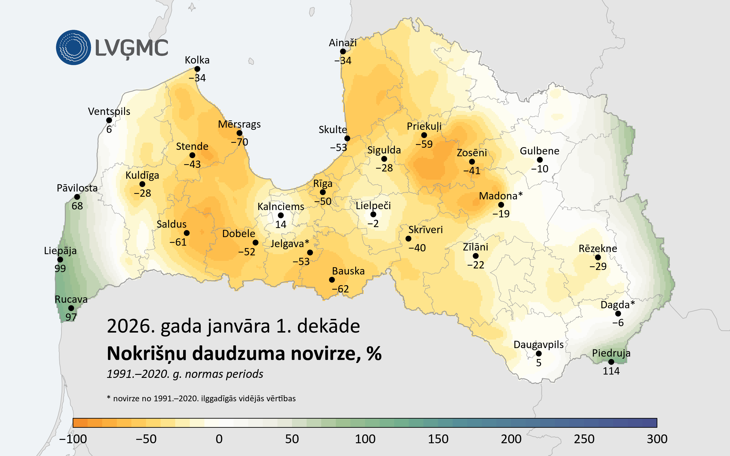 Nokrišņu daudzuma novirze no normas 2026. gada janvāra 1. dekādē, %