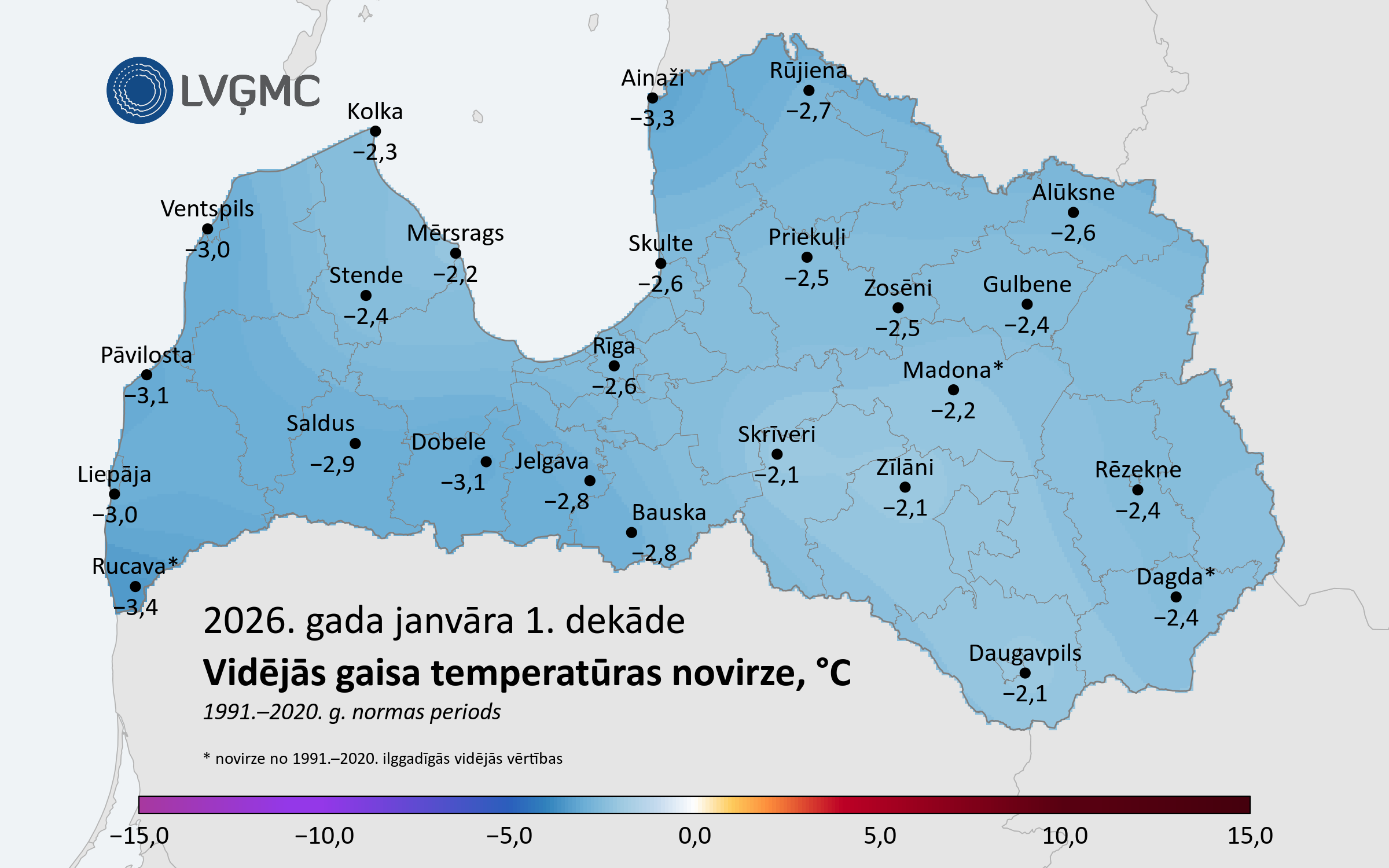 Vidējās gaisa temperatūras novirze no normas 2026. gada janvāra 1. dekādē, °C 