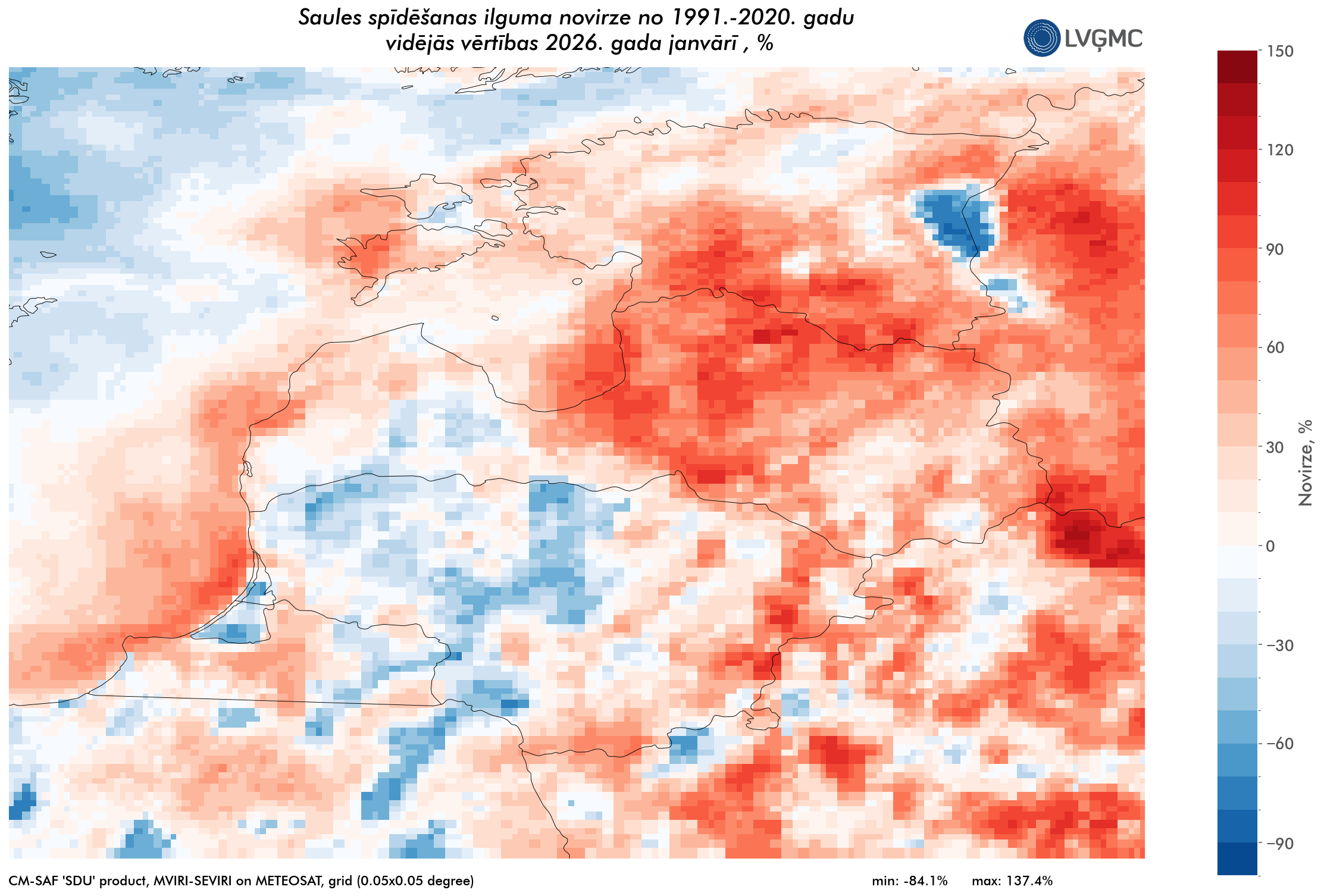 Saules spīdēšanas ilgums 2026. gada janvārī