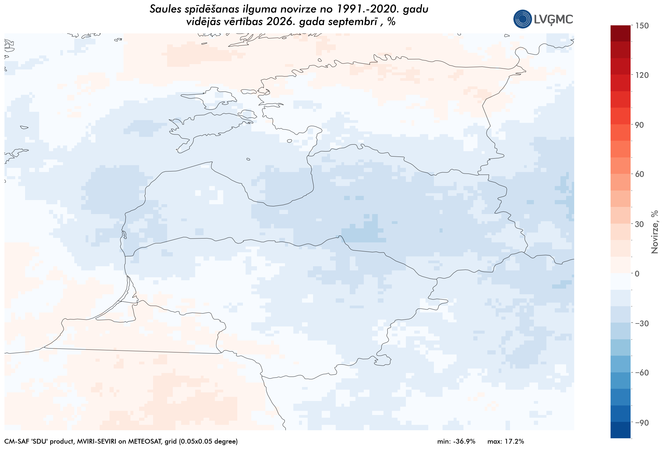 Saules spīdēšanas ilgums 2026. gada septembrī