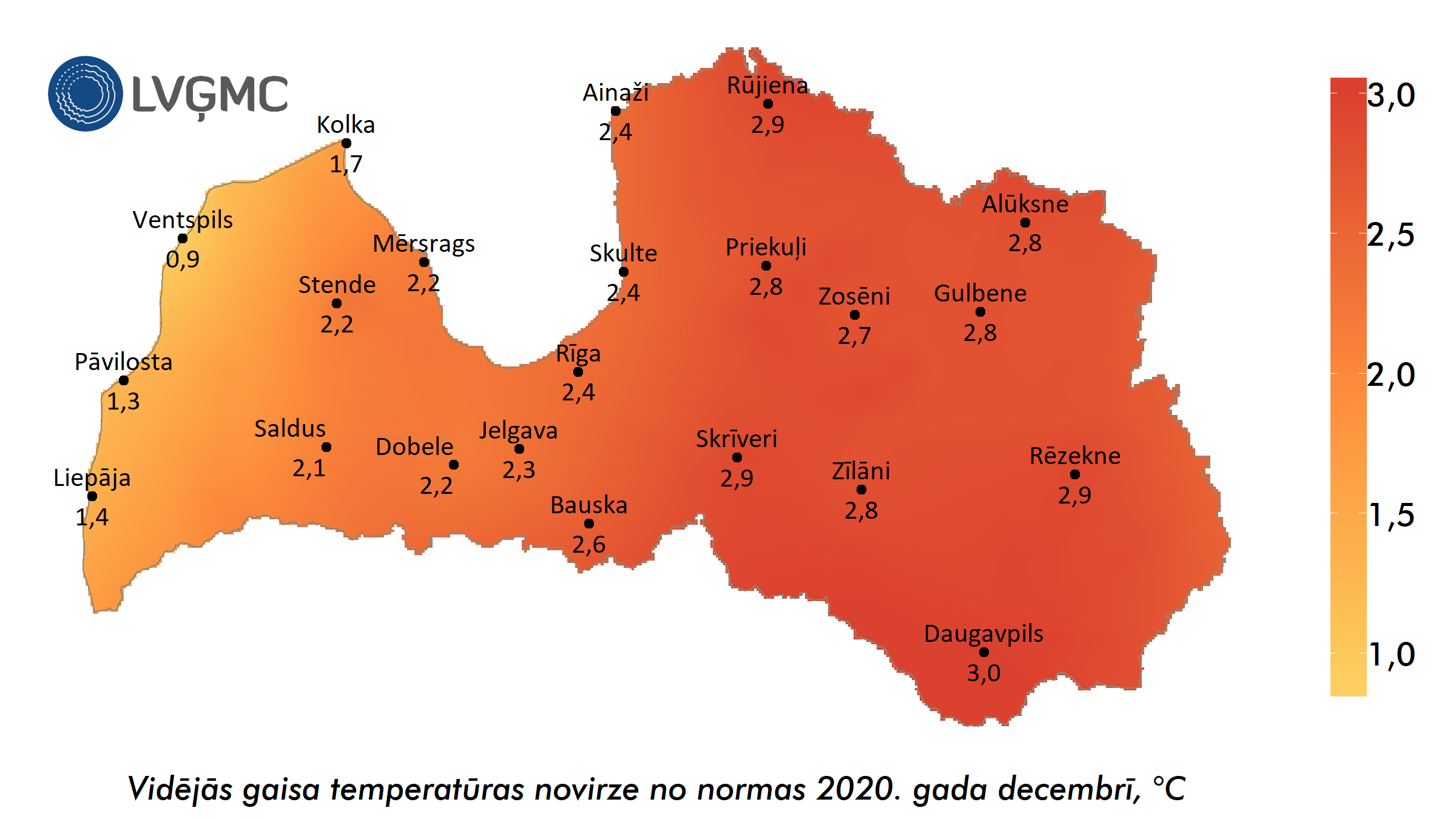 Vidējās gaisa temperatūras novirze no normas 2020. gada decembrī, °C
