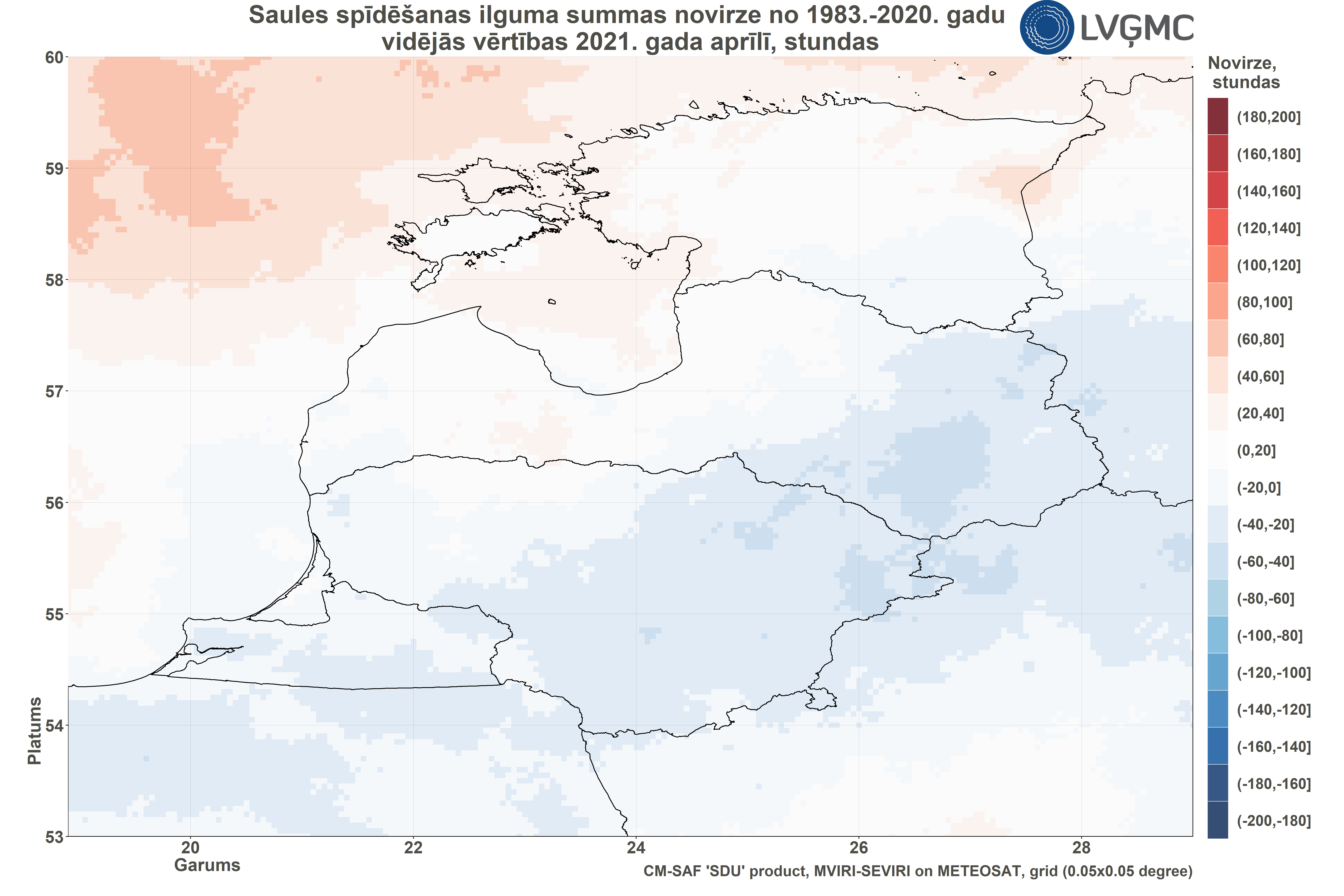 Saules spīdēšanas ilguma novirze no normas 2021. gada aprīlī, h