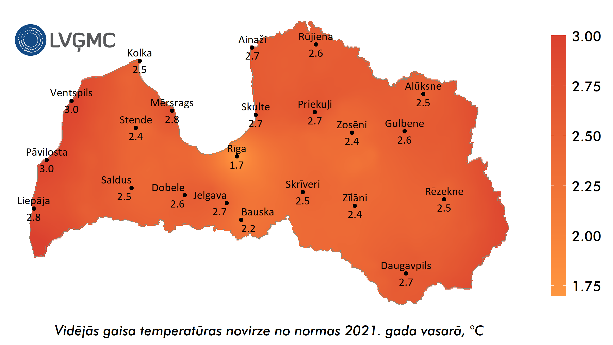 Vidējās gaisa temperatūras novirze no normas 2021. gada vasarā, °C