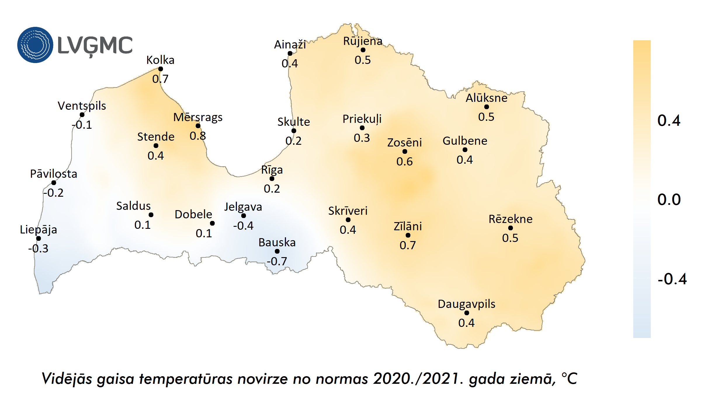 Vidējās gaisa temperatūras novirze no normas 2020.-2021. gada ziemā, °C