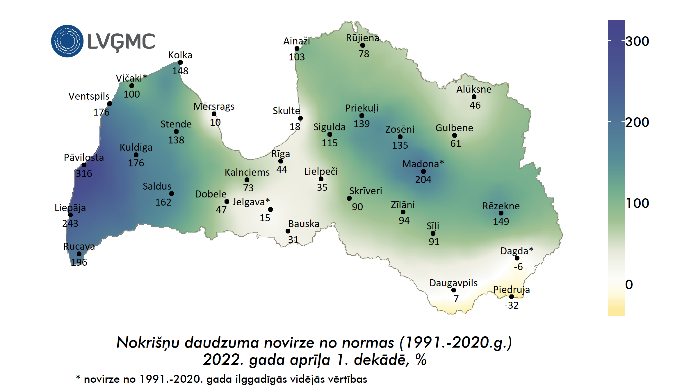 Nokrišņu daudzuma novirze no normas 2022. gada aprīļa 1. dekādē, %