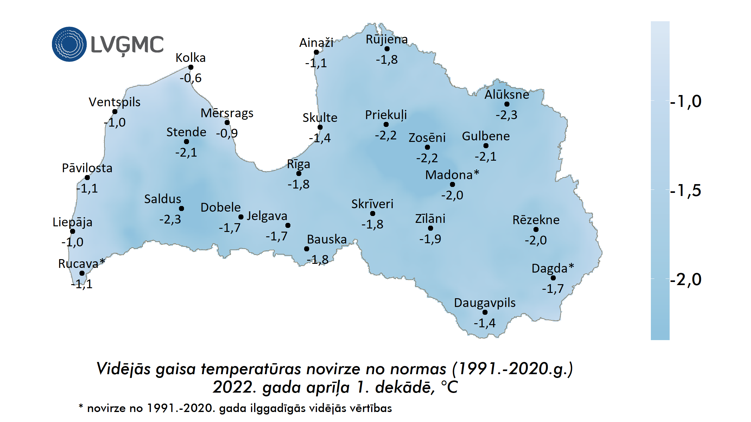 Vidējās gaisa temperatūras novirze no normas 2022. gada aprīļa 1. dekādē, °C 