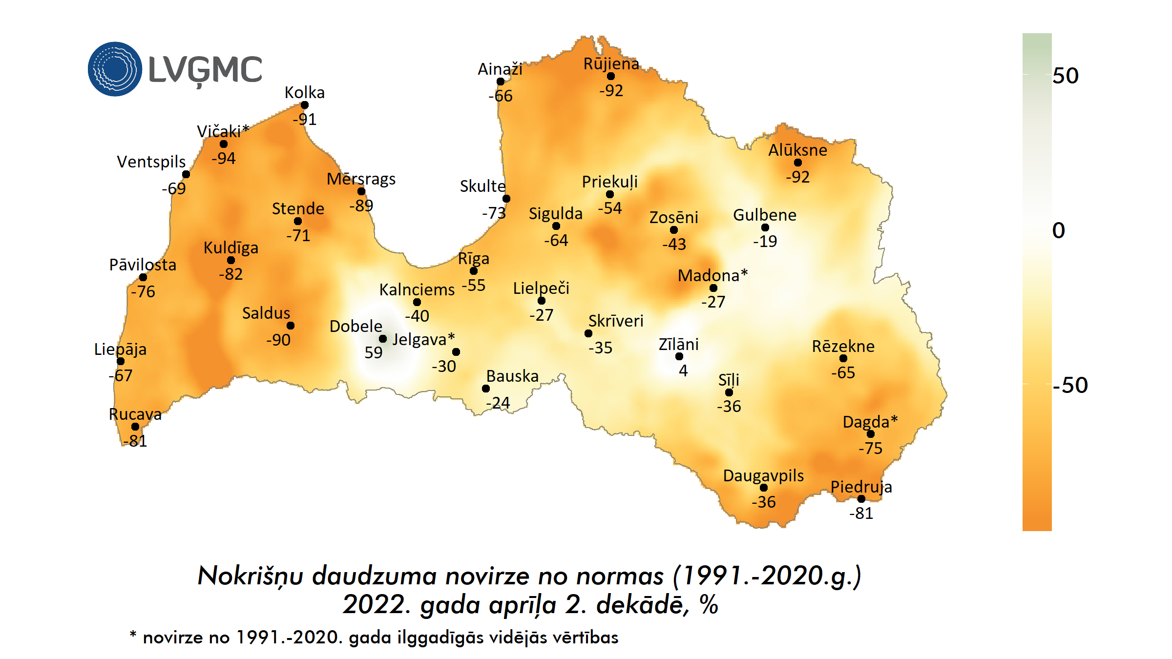 Nokrišņu daudzuma novirze no normas 2022. gada aprīļa 2. dekādē, %