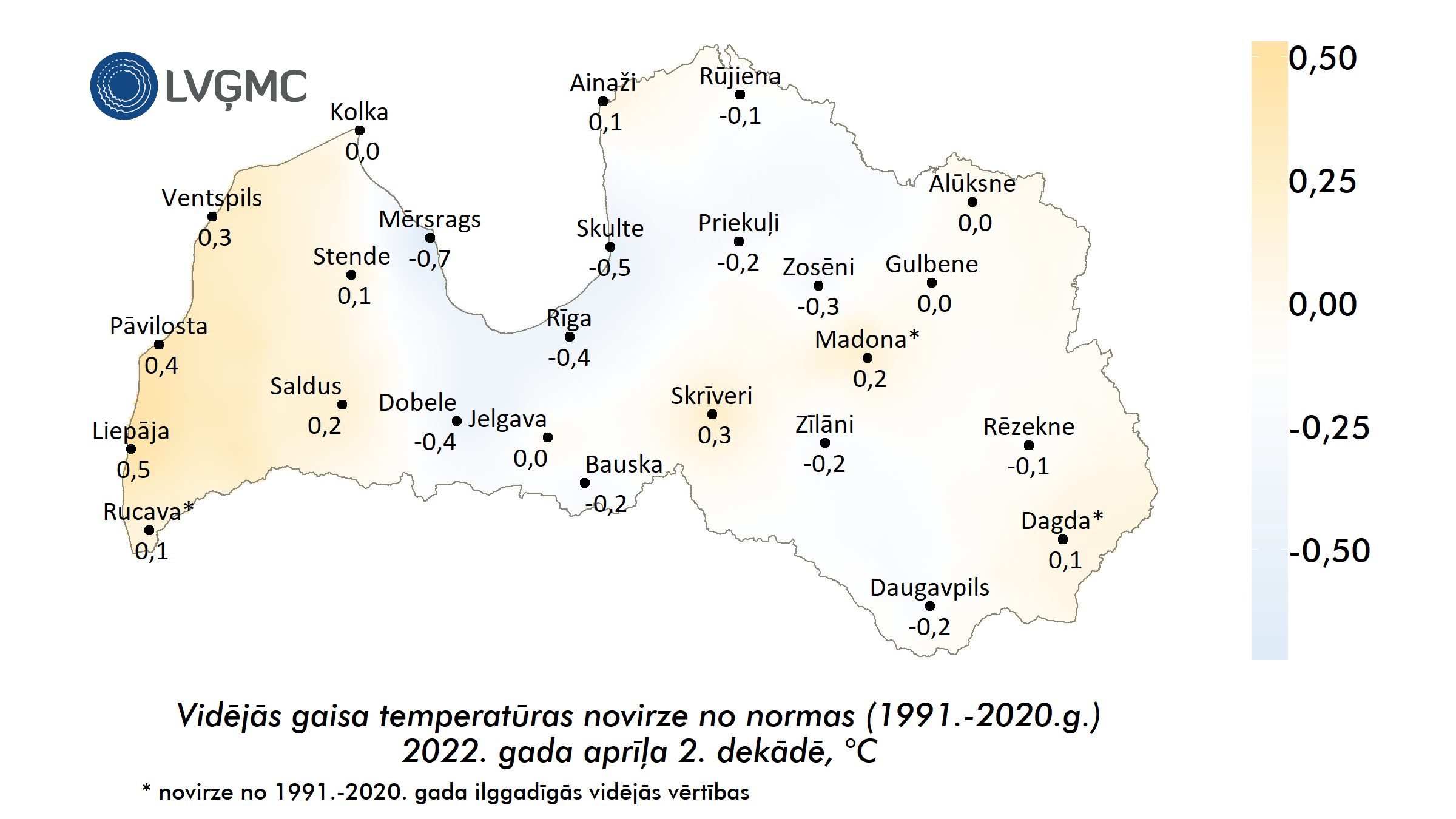 Vidējās gaisa temperatūras novirze no normas 2022. gada aprīļa 2. dekādē, °C 