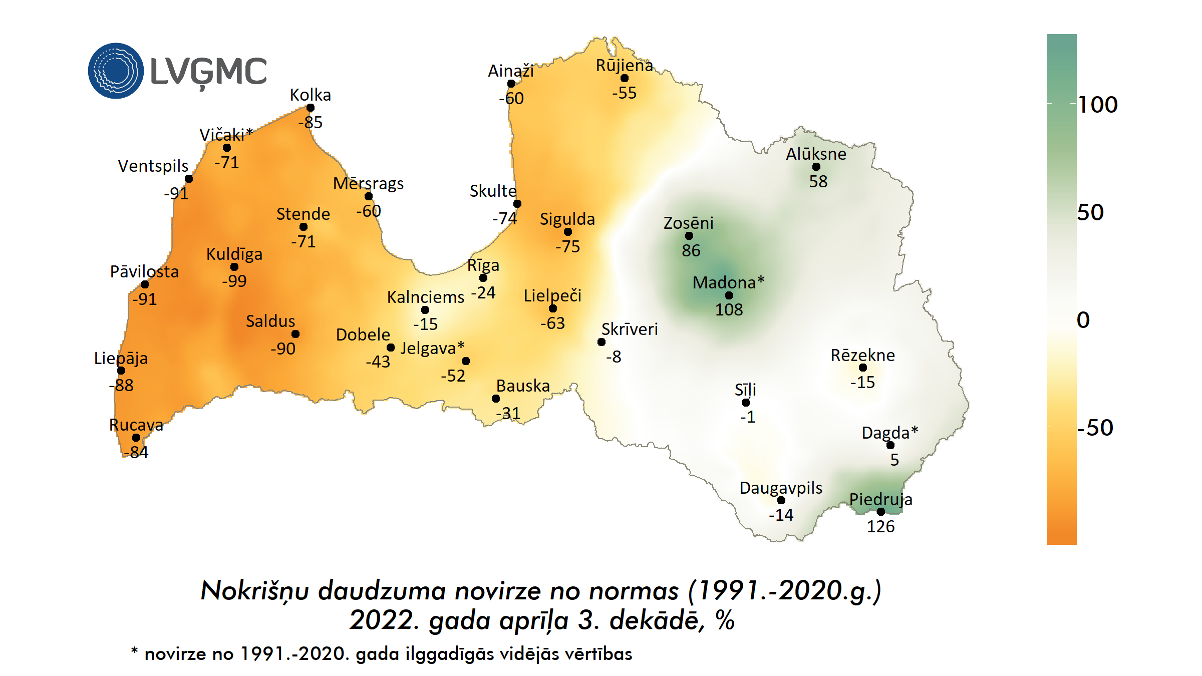 Nokrišņu daudzuma novirze no normas 2022. gada aprīļa 3. dekādē, %