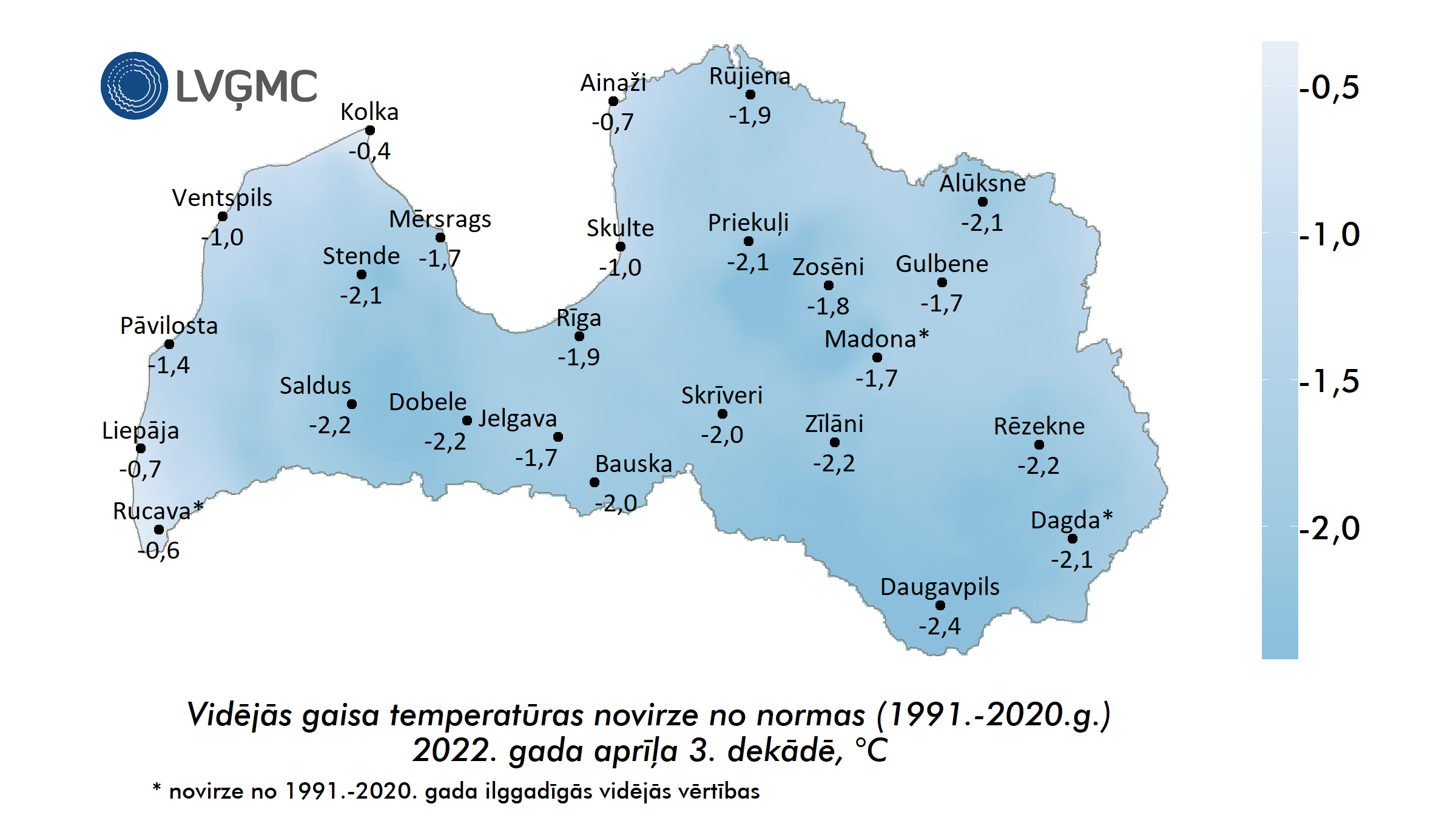 Vidējās gaisa temperatūras novirze no normas 2022. gada aprīļa 3. dekādē, °C 
