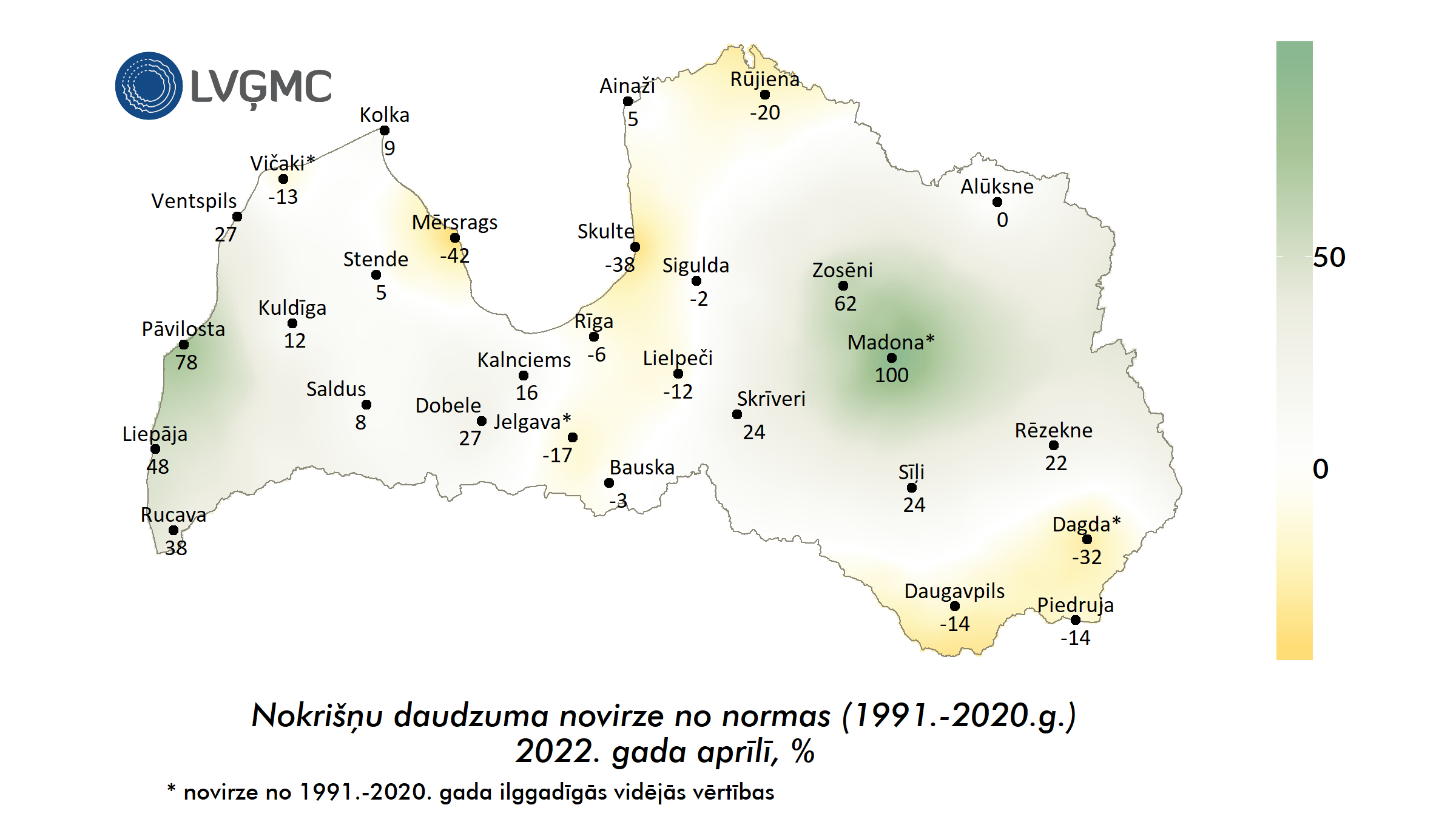 Nokrišņu daudzuma novirze no normas 2022. gada aprīlī, %