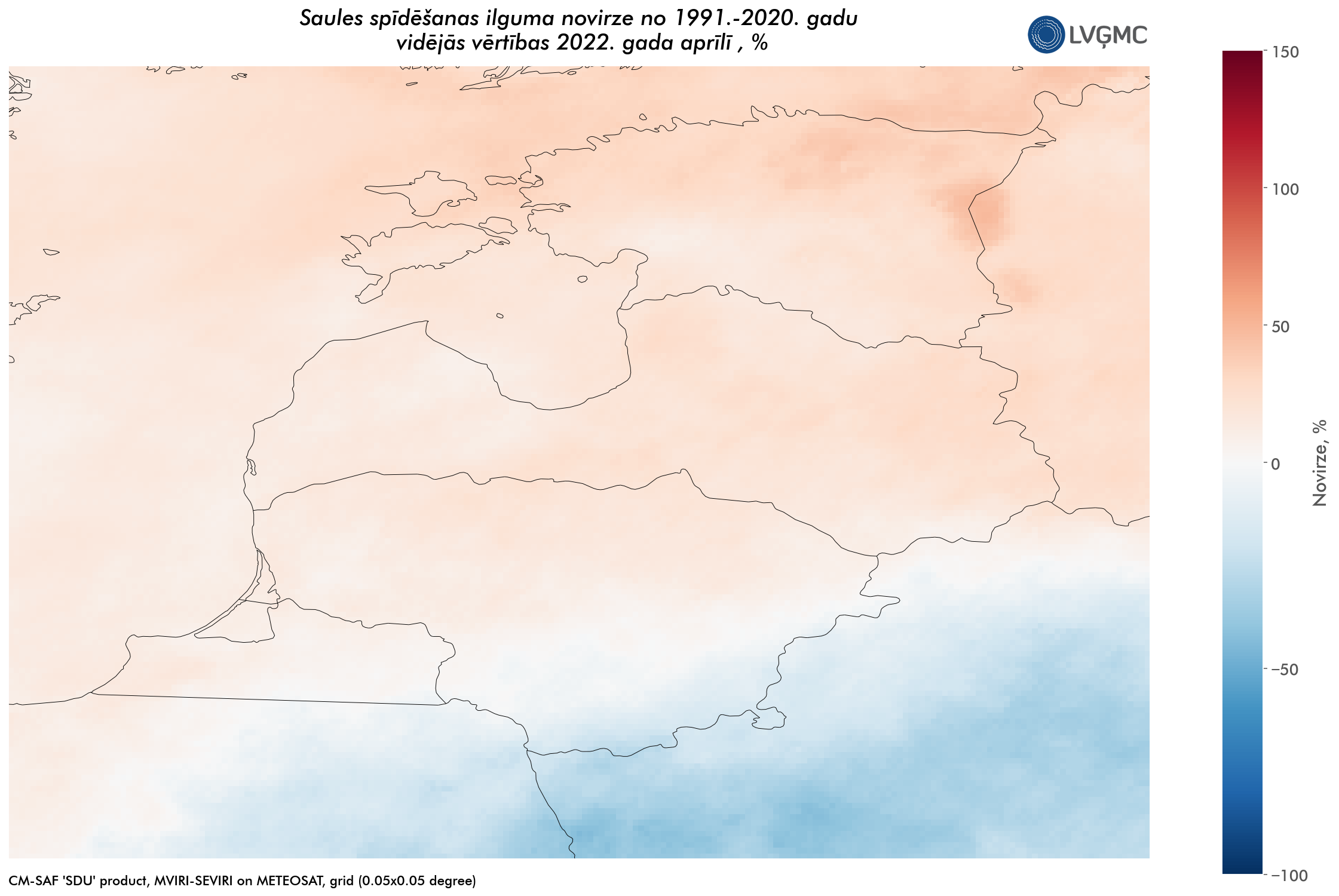 Saules spīdēšanas ilguma novirze no normas 2022.gada aprīlī, %