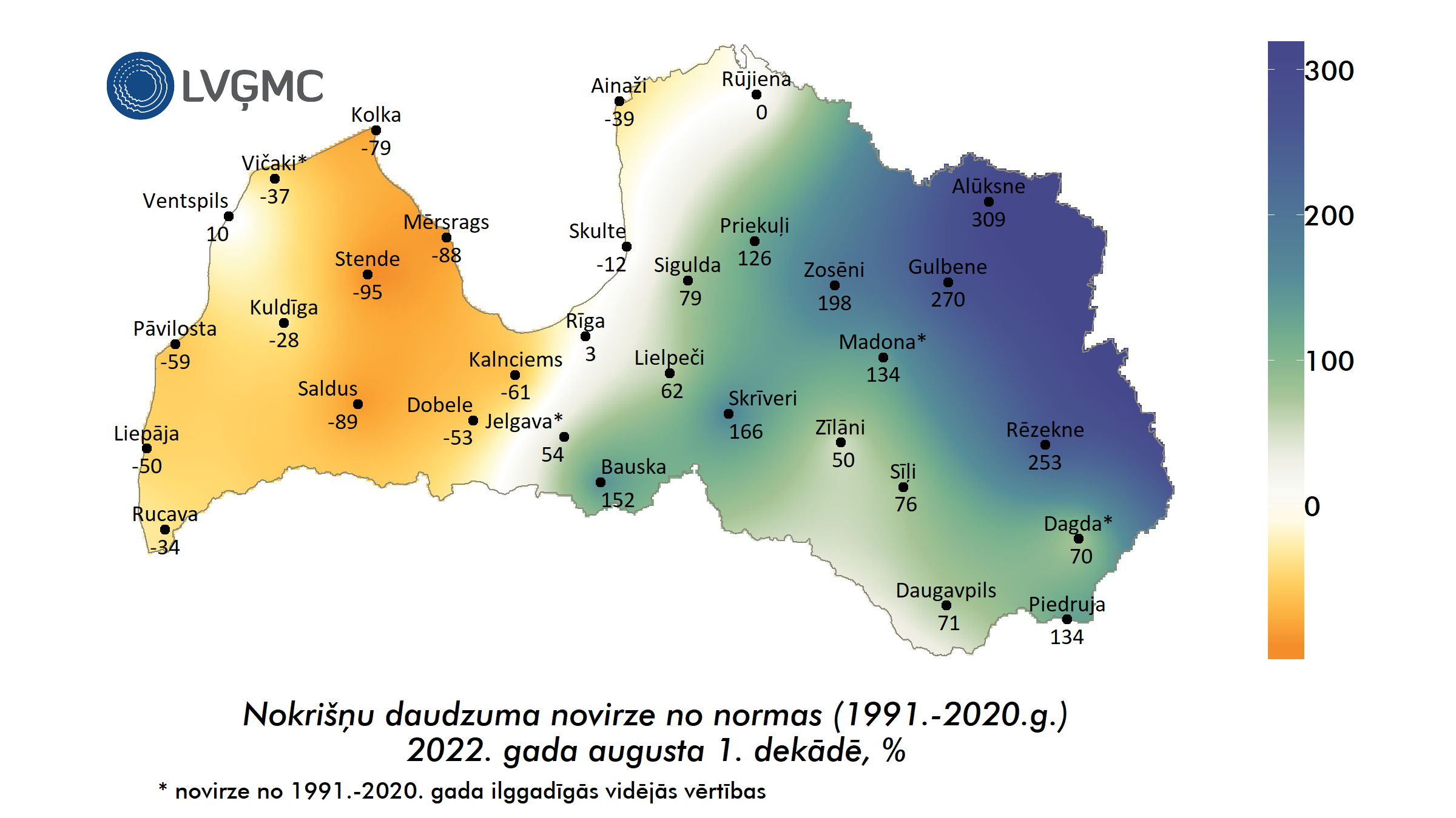 Nokrišņu daudzuma novirze no normas 2022. gada augusta 1. dekādē, %