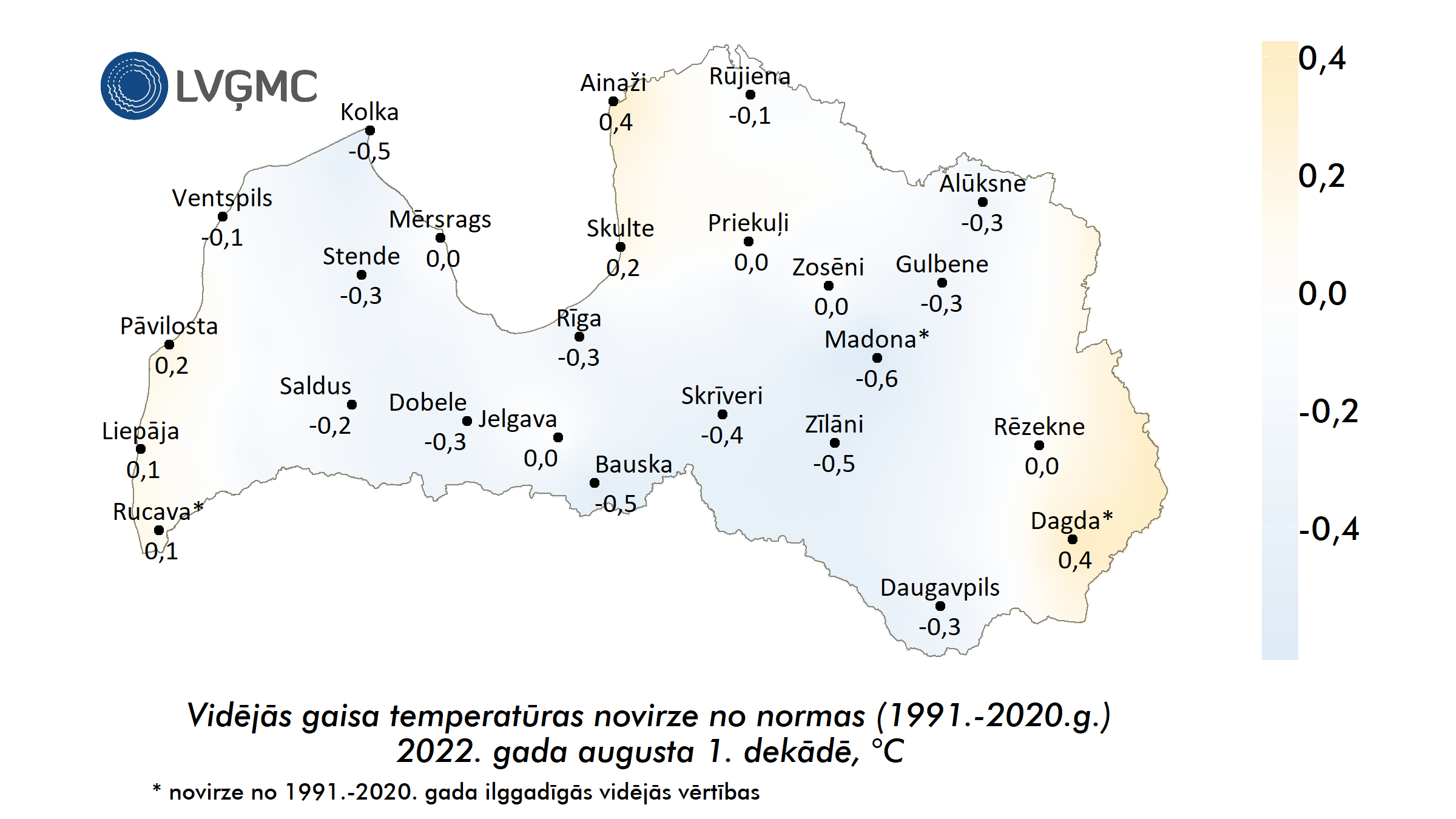 Vidējās gaisa temperatūras novirze no normas 2022. gada augusta 1. dekādē, °C 