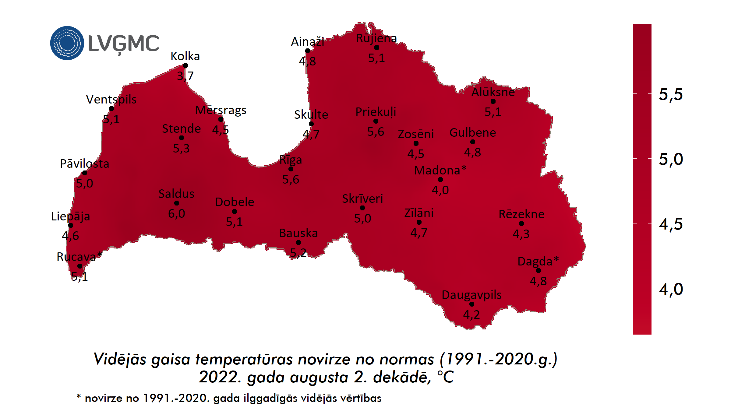 Vidējās gaisa temperatūras novirze no normas 2022. gada augusta 2. dekādē, °C 