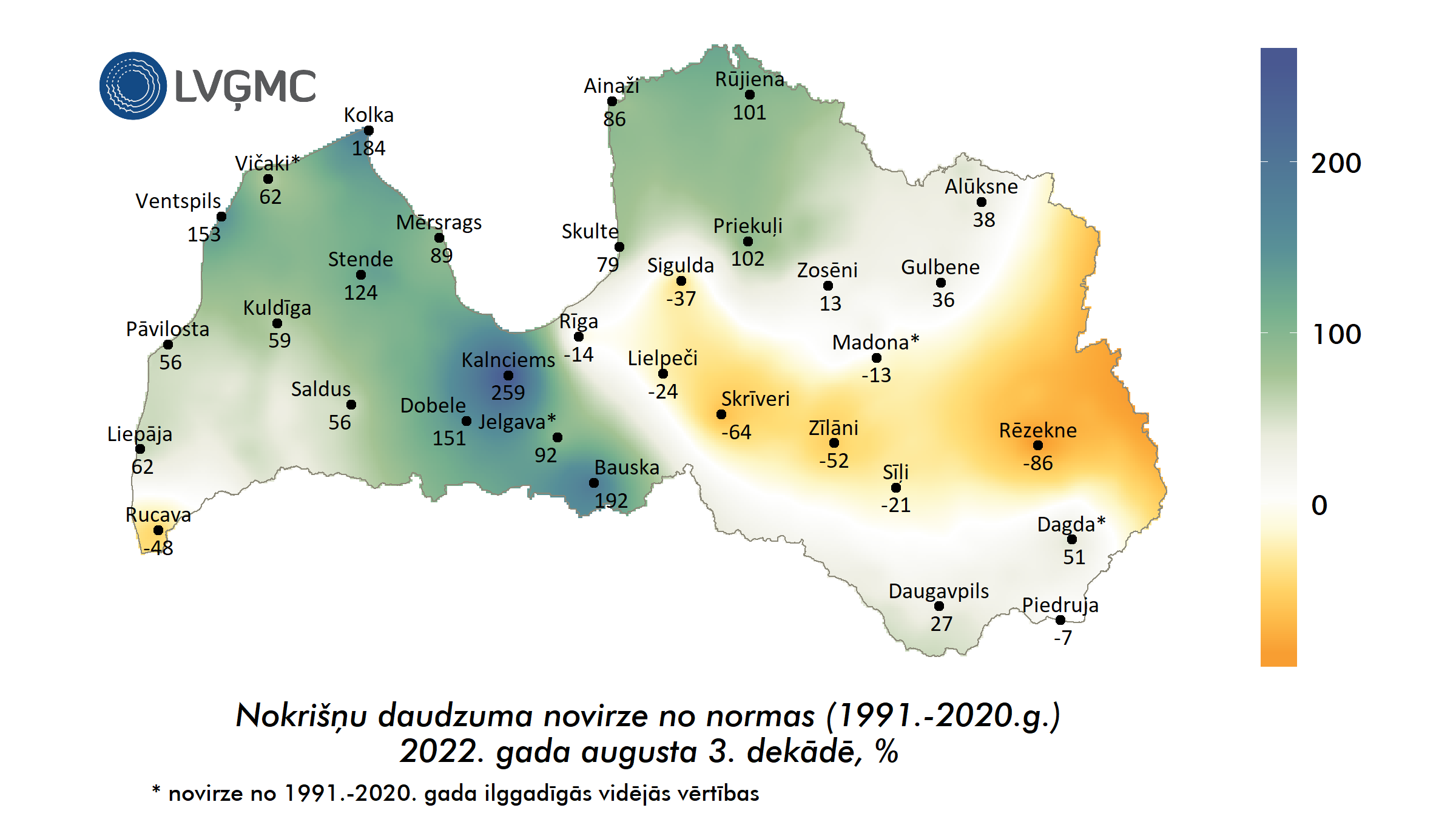 Nokrišņu daudzuma novirze no normas 2022. gada augusta 3. dekādē, %