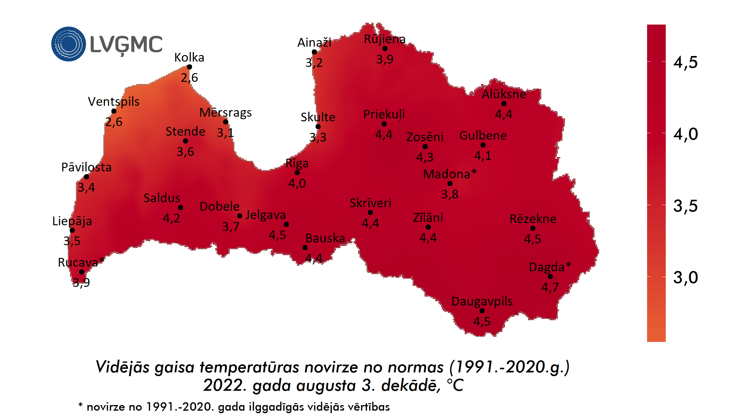Vidējās gaisa temperatūras novirze no normas 2022. gada augusta 3. dekādē, °C 