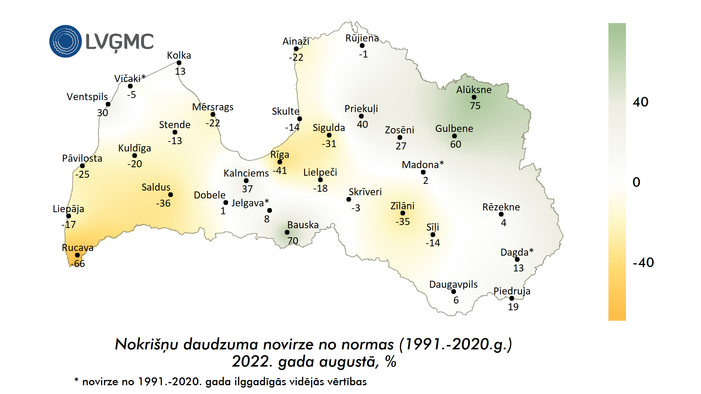 Nokrišņu daudzuma novirze no normas 2022. gada augustā, %