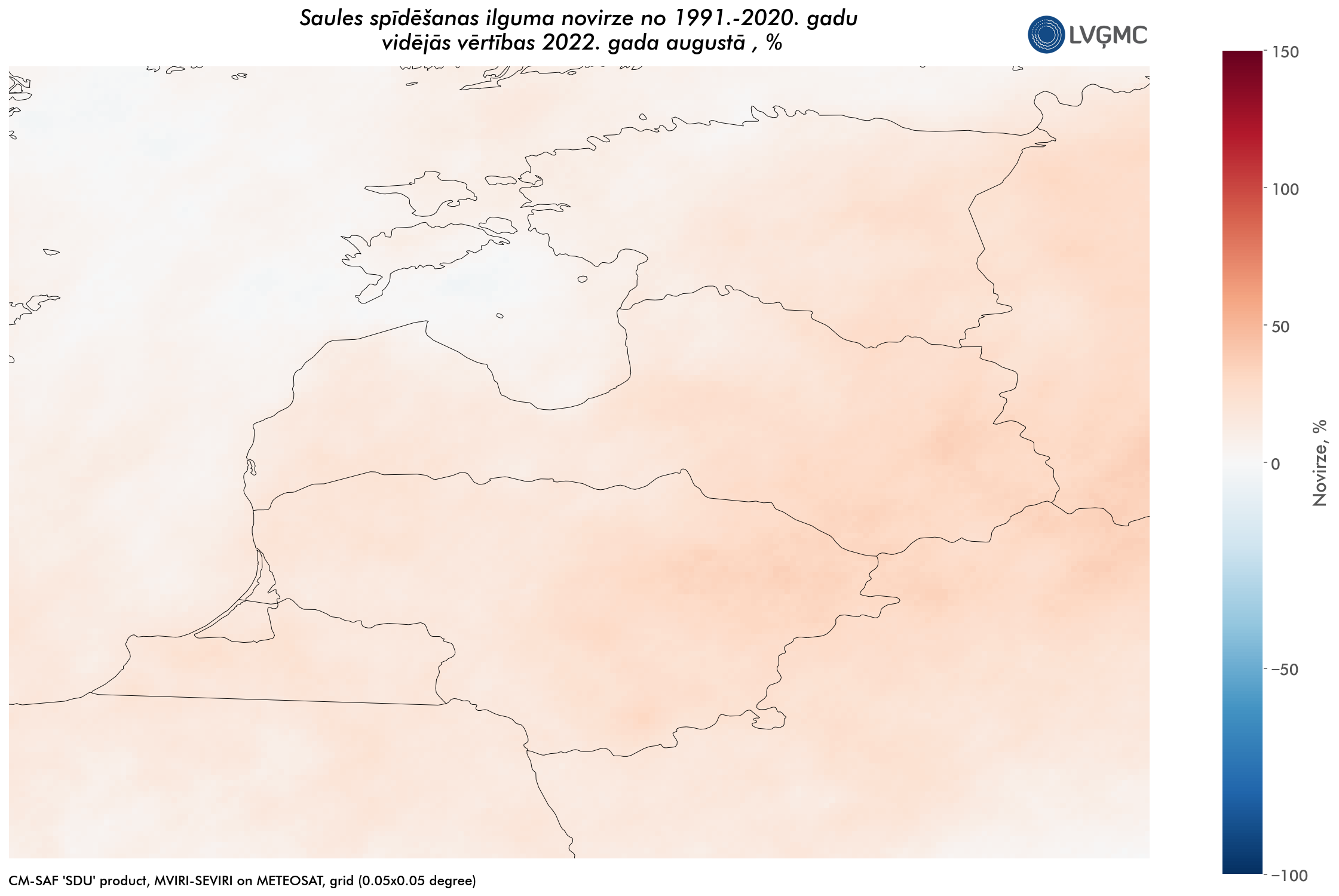 Saules spīdēšanas ilguma novirze no normas 2022. gada augustā, %