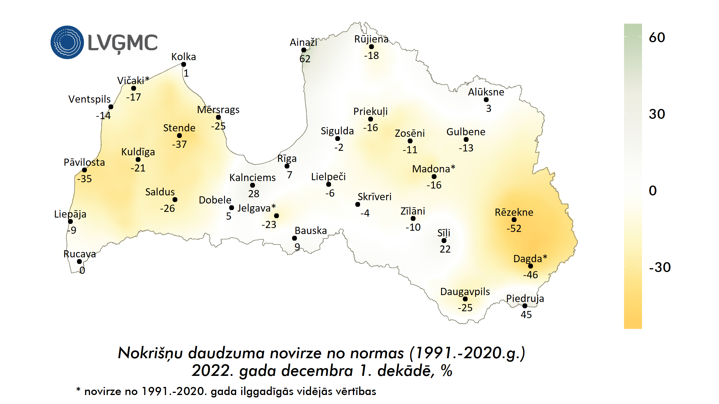 Nokrišņu daudzuma novirze no normas 2022. gada decembra 1. dekādē, %