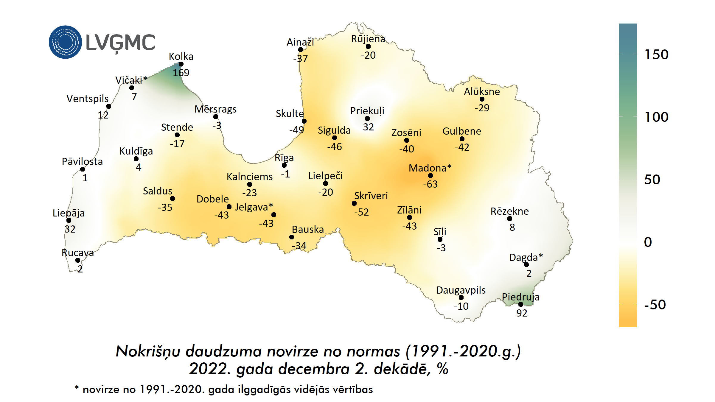 Nokrišņu daudzuma novirze no normas 2022. gada decembra 2. dekādē, %