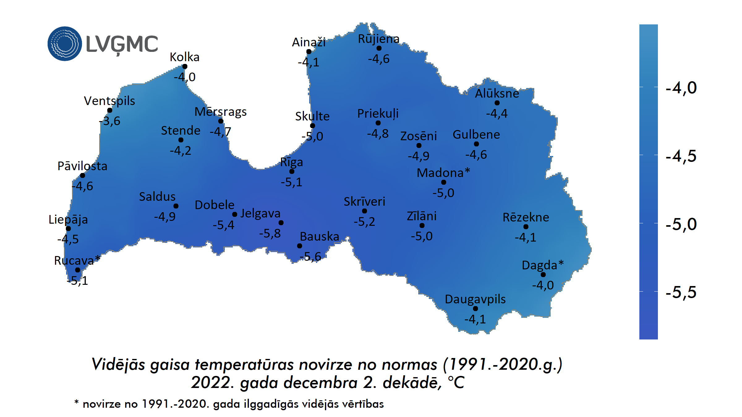 Vidējās gaisa temperatūras novirze no normas 2022. gada decembra 2. dekādē, °C 