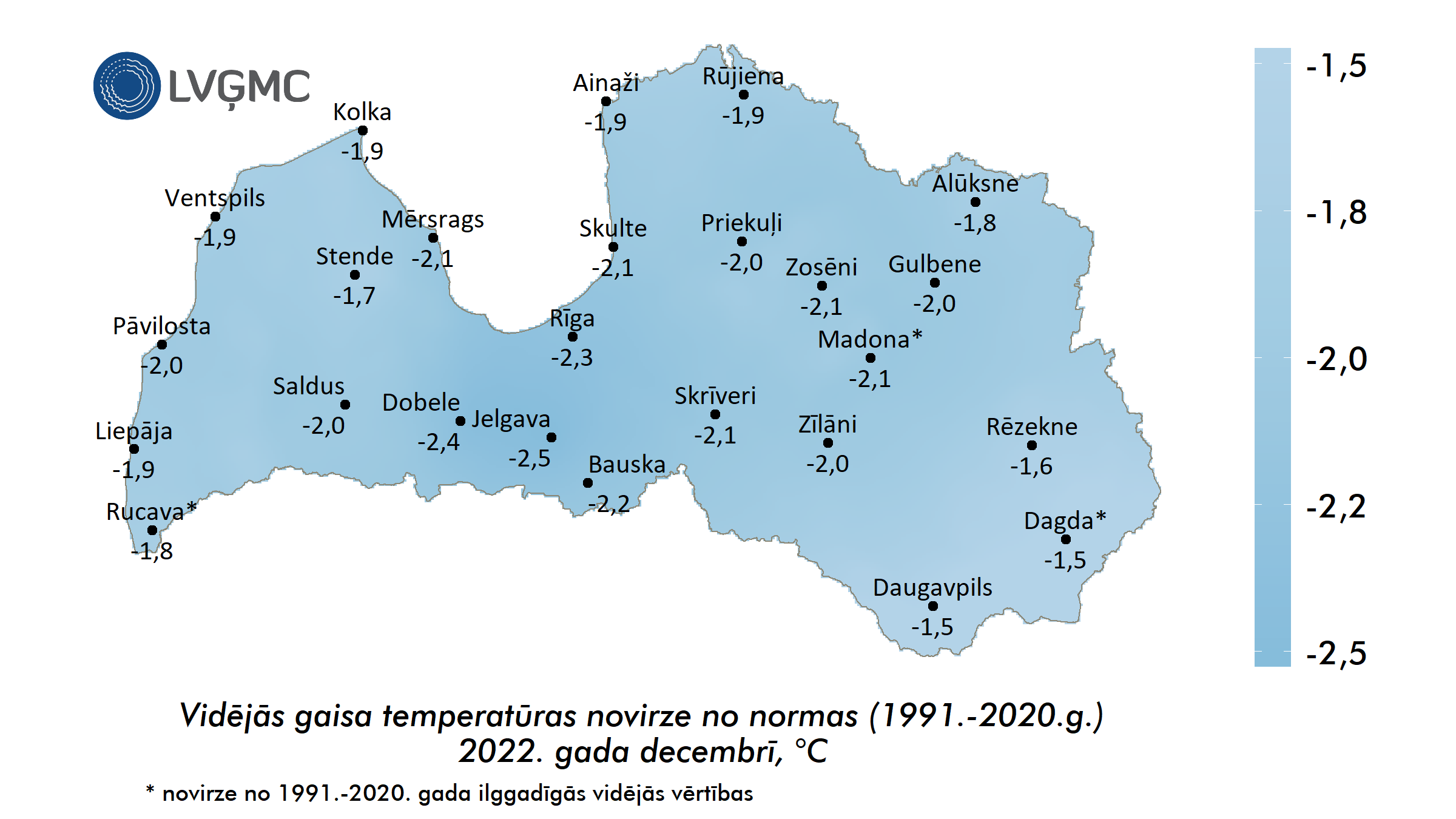 Vidējās gaisa temperatūras novirze no normas 2022. gada decembrī, °C 