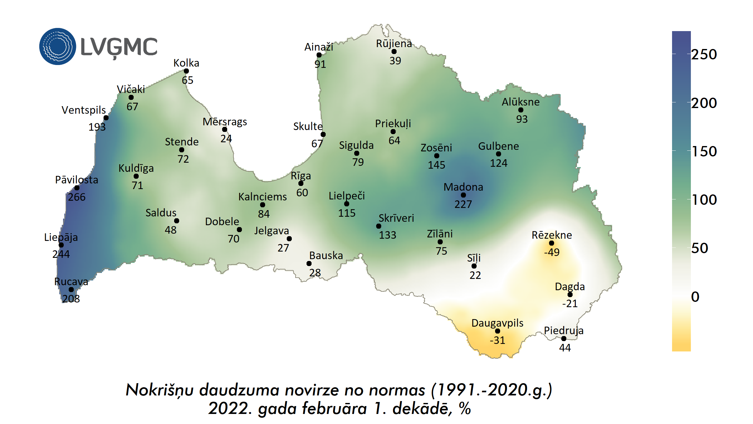 Nokrišņu daudzuma novirze no normas 2022. gada februāra 1. dekādē, %