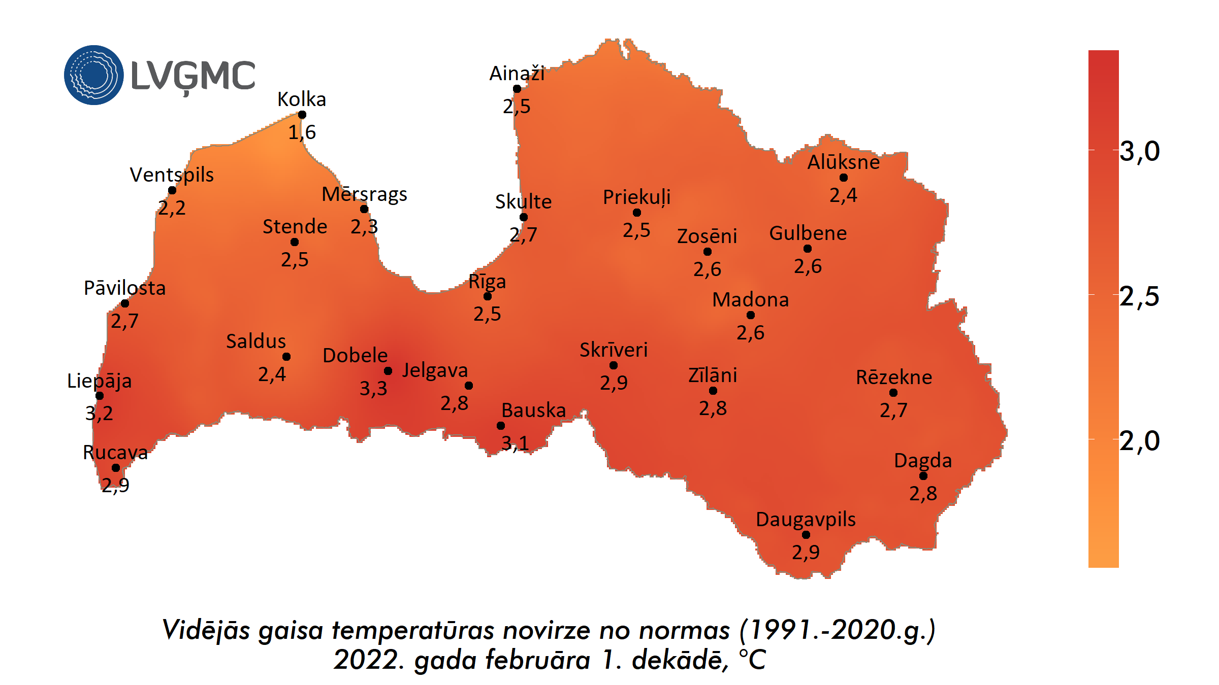 Vidējās gaisa temperatūras novirze no normas 2022. gada februāra 1. dekādē, °C 