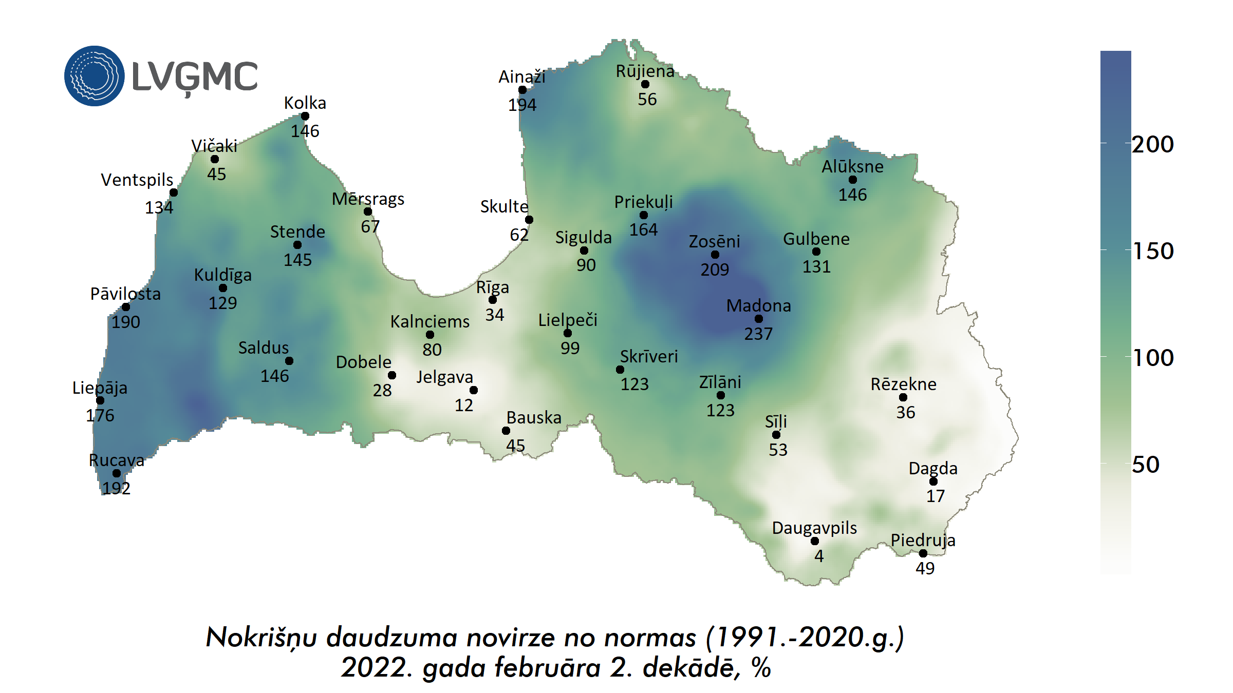 Nokrišņu daudzuma novirze no normas 2022. gada februāra 2. dekādē, %