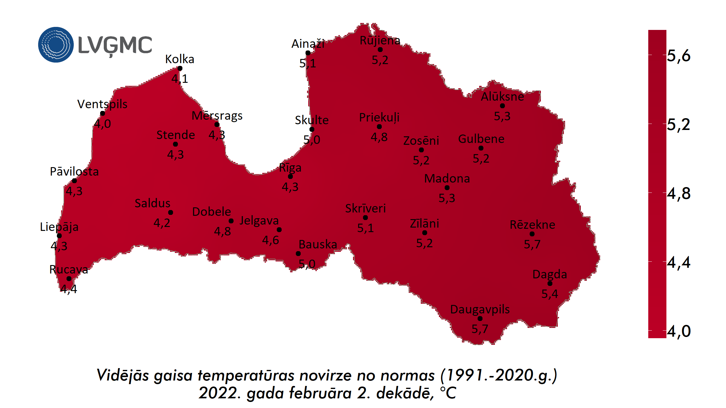 Vidējās gaisa temperatūras novirze no normas 2022. gada februāra 2. dekādē, °C 
