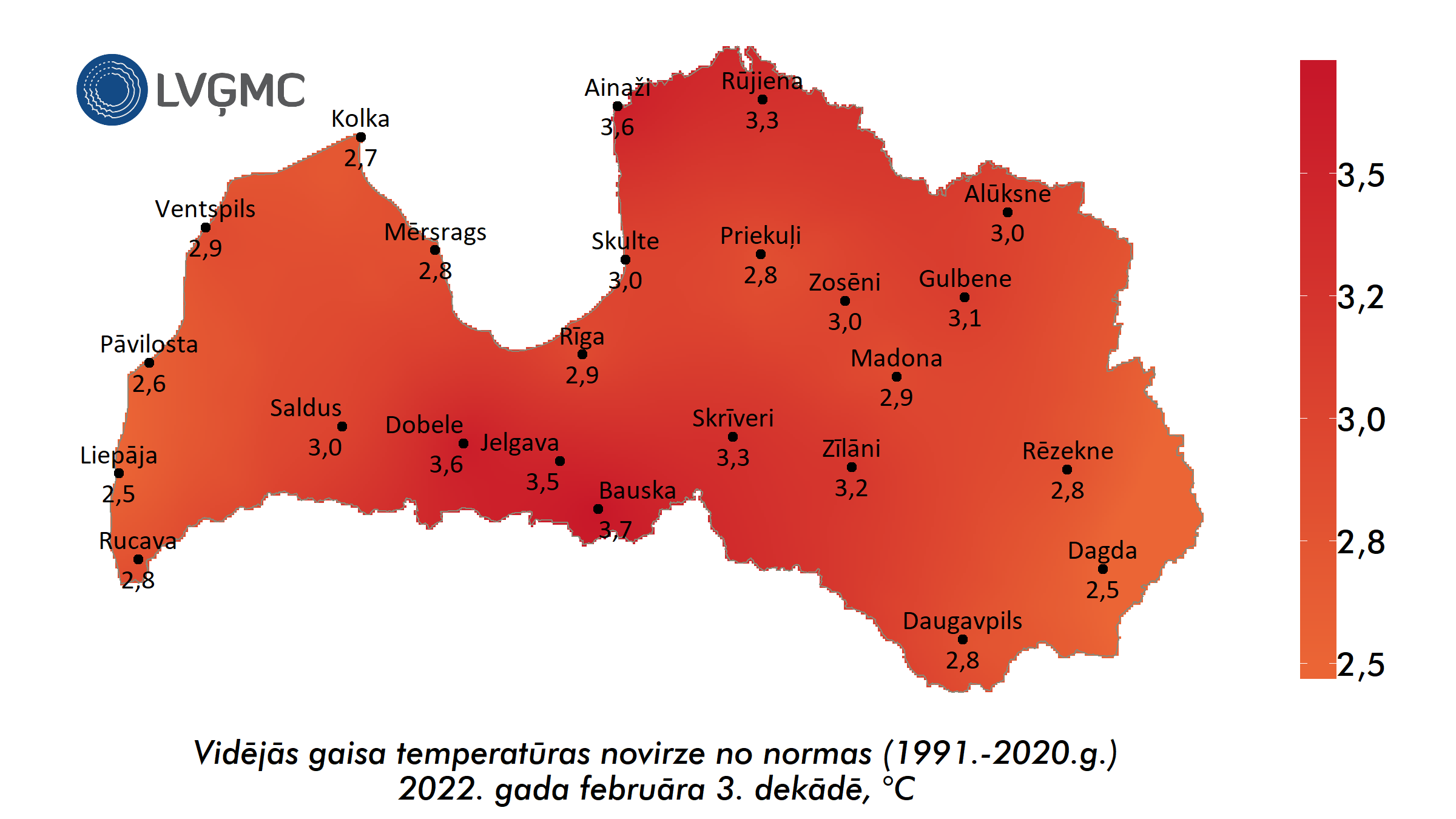 Vidējās gaisa temperatūras novirze no normas 2022. gada februāra 3. dekādē, °C 