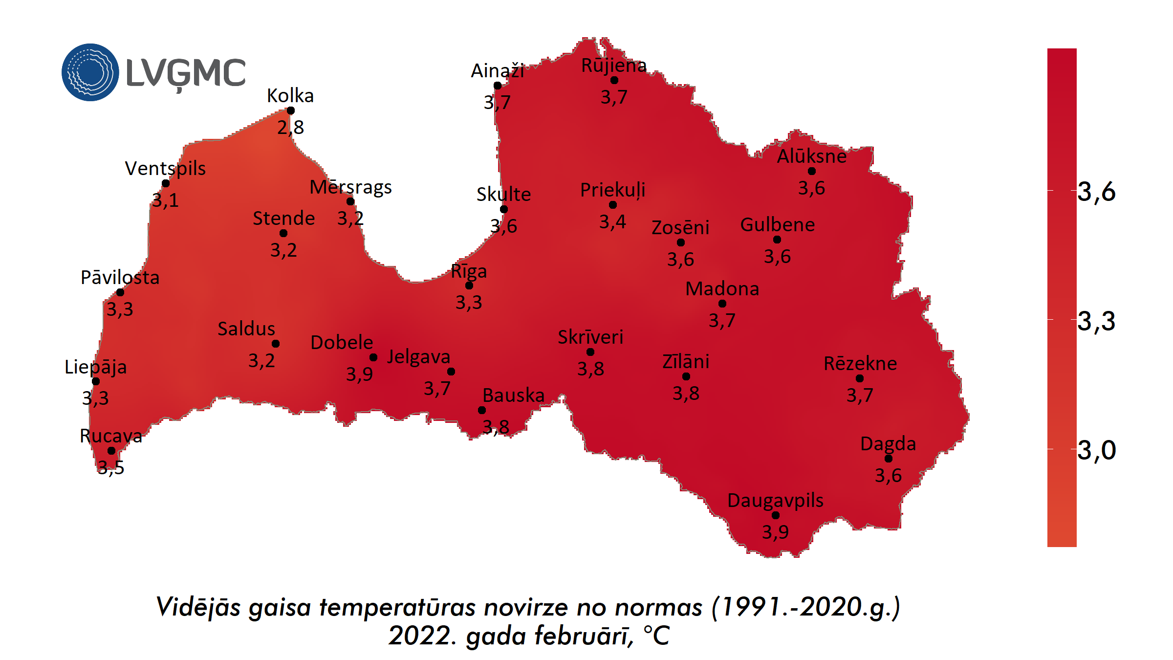 Vidējās gaisa temperatūras novirze no normas 2022. gada februārī, °C 