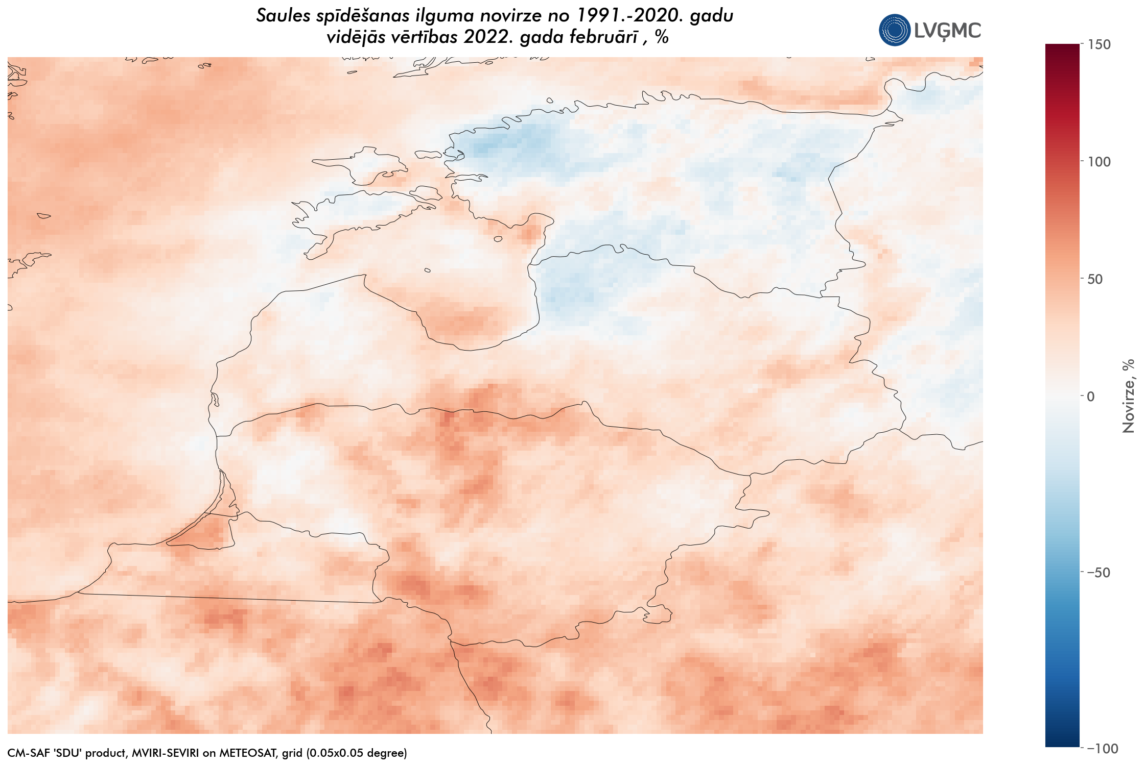 Saules spīdēšanas ilguma novirze no normas 2022.gada februārī, %