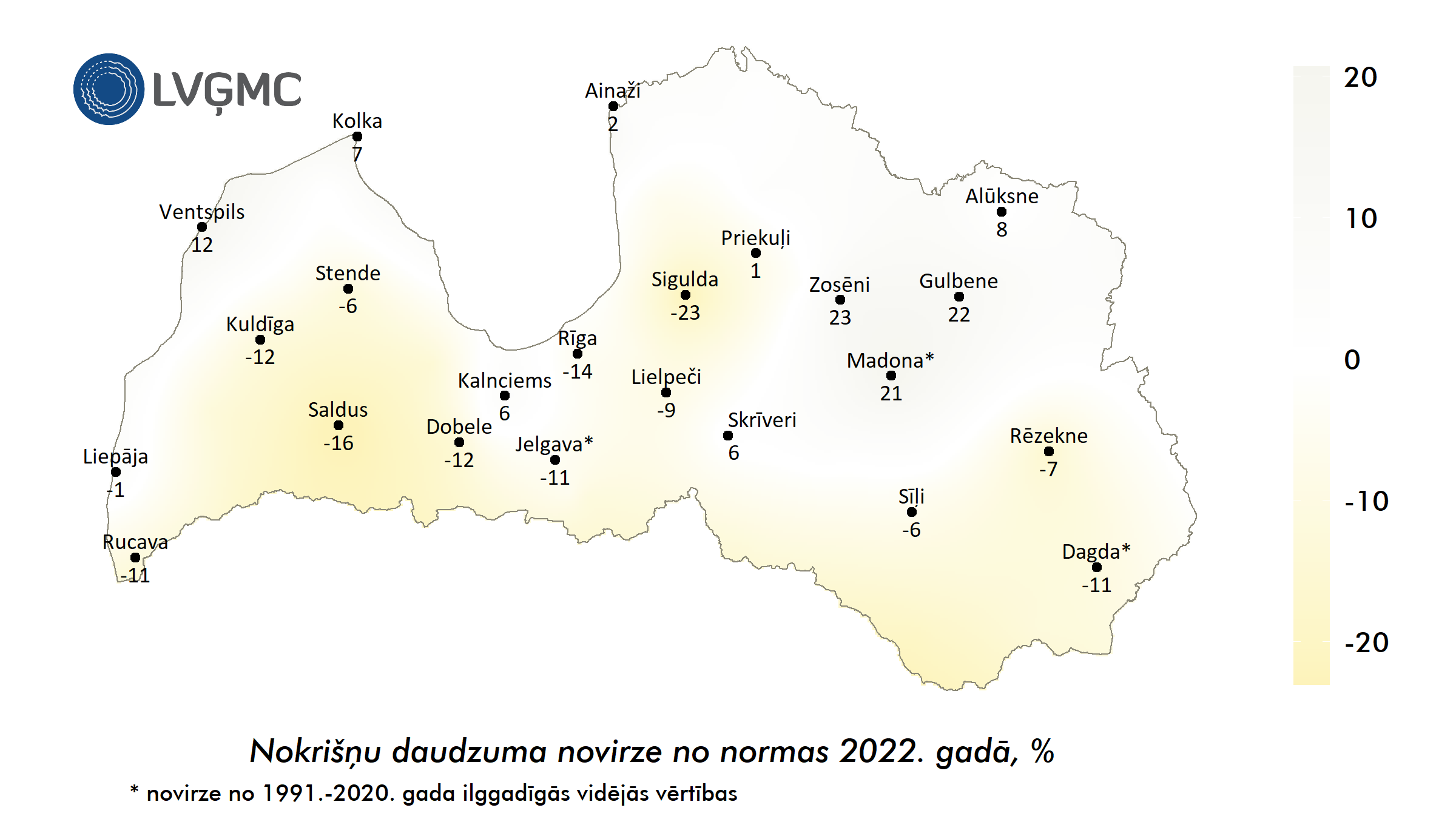 Nokrišņu daudzuma novirze no normas 2022. gadā, mm 
