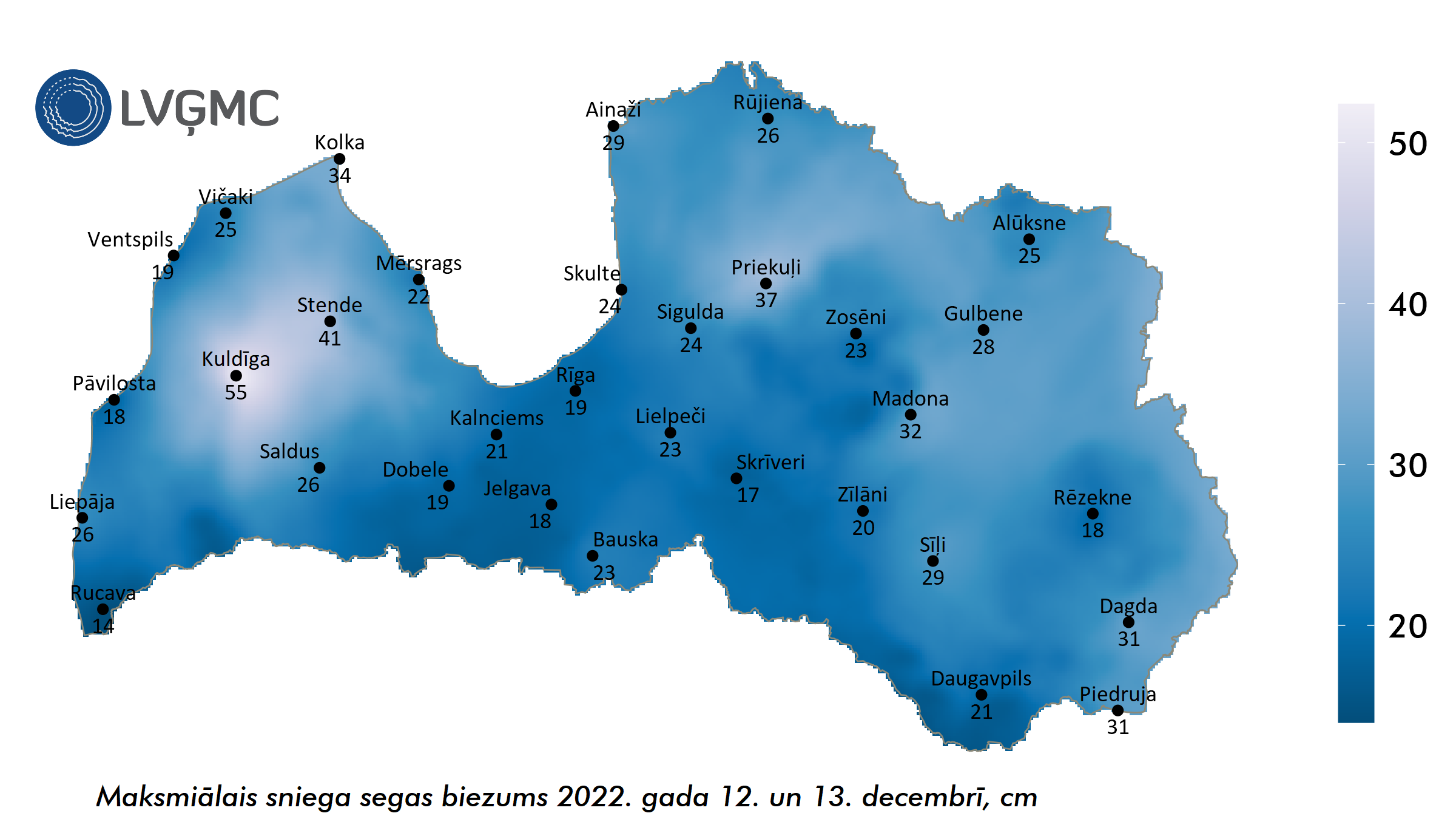 Maksimālais sniega segas biezums 12. un 13. decembrī, cm 